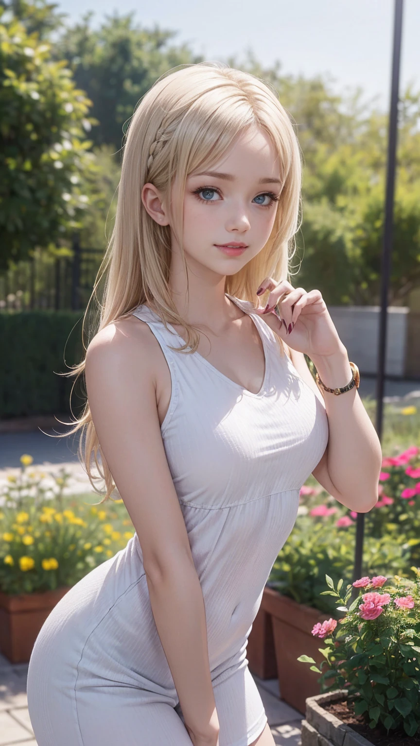 ((最high quality, 8K, masterpiece: 1.3, Ultra HD, high quality, 最high quality, High resolution, realism)) 、A 22-year-old extremely beautiful white woman、Her hair color is platinum blonde、blue eyes、medium hair、straight hair、The hair is shiny、The skin is lustrous、smile、Slender but well-proportioned muscular body、Athlete-like body type、I don&#39;t want my head to disappear from the screen.、Wearing accessories on your wrist、Wearing red nail polish、I have a peticure、English house with garden、gardening((Replanting floweraintenance))、anatomically correct、((anatomically correct))、Ultra high definition((UHD))、textured skin((textured skin))、very detailed((super detail))、high detail((high details))