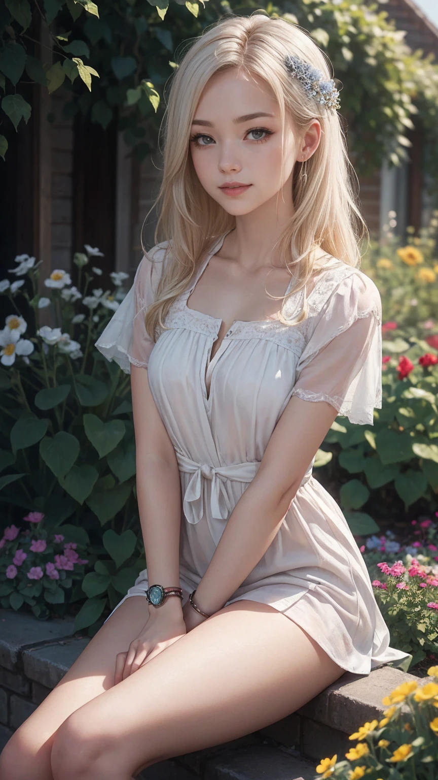 ((最high quality, 8K, masterpiece: 1.3, Ultra HD, high quality, 最high quality, High resolution, realism)) 、A 22-year-old extremely beautiful white woman、Her hair color is platinum blonde、blue eyes、medium hair、straight hair、The hair is shiny、The skin is lustrous、smile、Slender but well-proportioned muscular body、Athlete-like body type、I don't want my head to disappear from the screen.、Wearing accessories on your wrist、Wearing red nail polish、I have a peticure、English house with garden、gardening((Replanting floweraintenance))、anatomically correct、((anatomically correct))、Ultra high definition((UHD))、textured skin((textured skin))、very detailed((super detail))、high detail((high details))