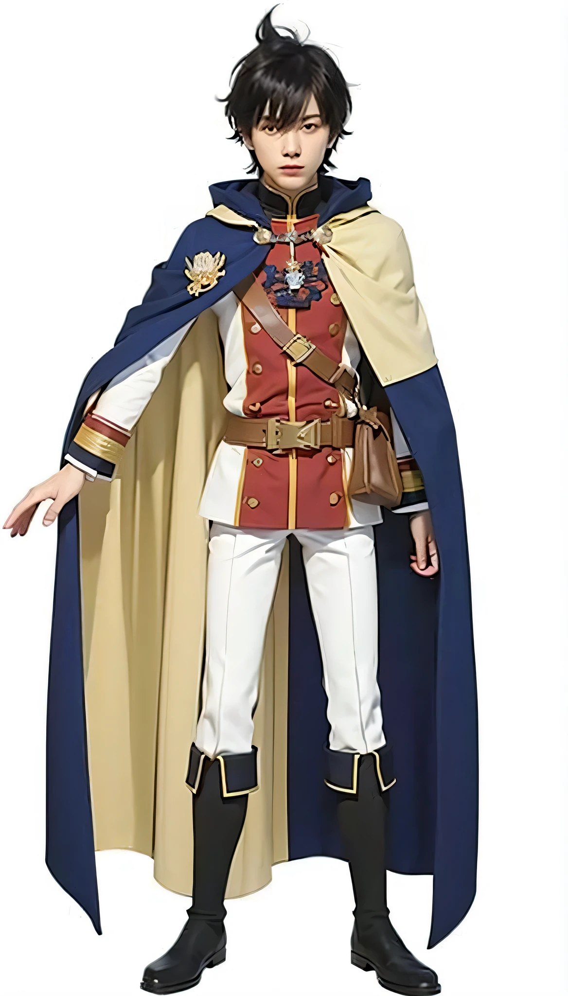 20 year old man, red and white uniform, beige and blue cape, black hair, book on belt, black boots, grim looking