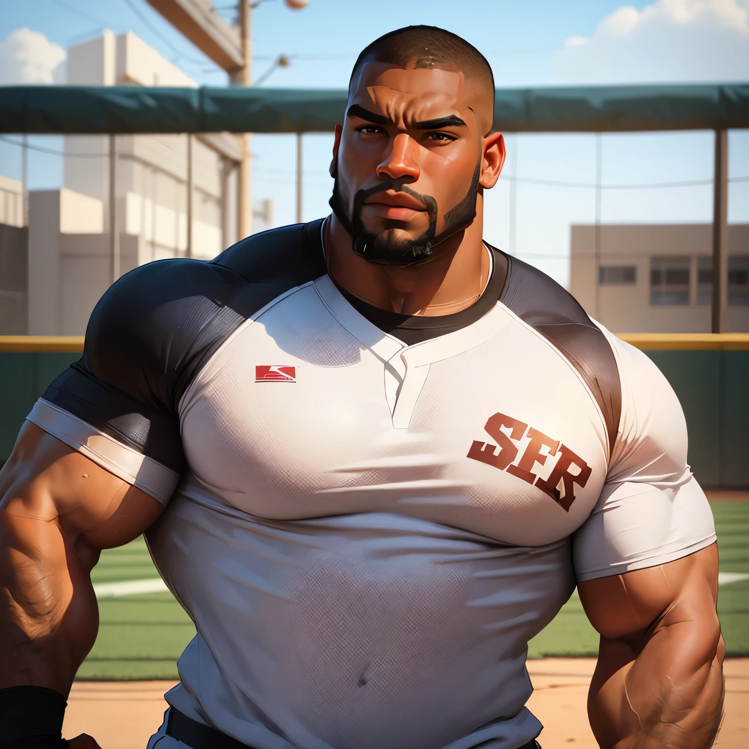 an exaggeratedly muscular and large bodyguard, beefy build, beard, dark-skinned african american male, buzzcut hair with square line, (wearing tight baseball shirt: 1.2), school team logo, (bara pecs: 1.3), (arm and chest hair: 1.1), close-up portrait HD, (baseball field)