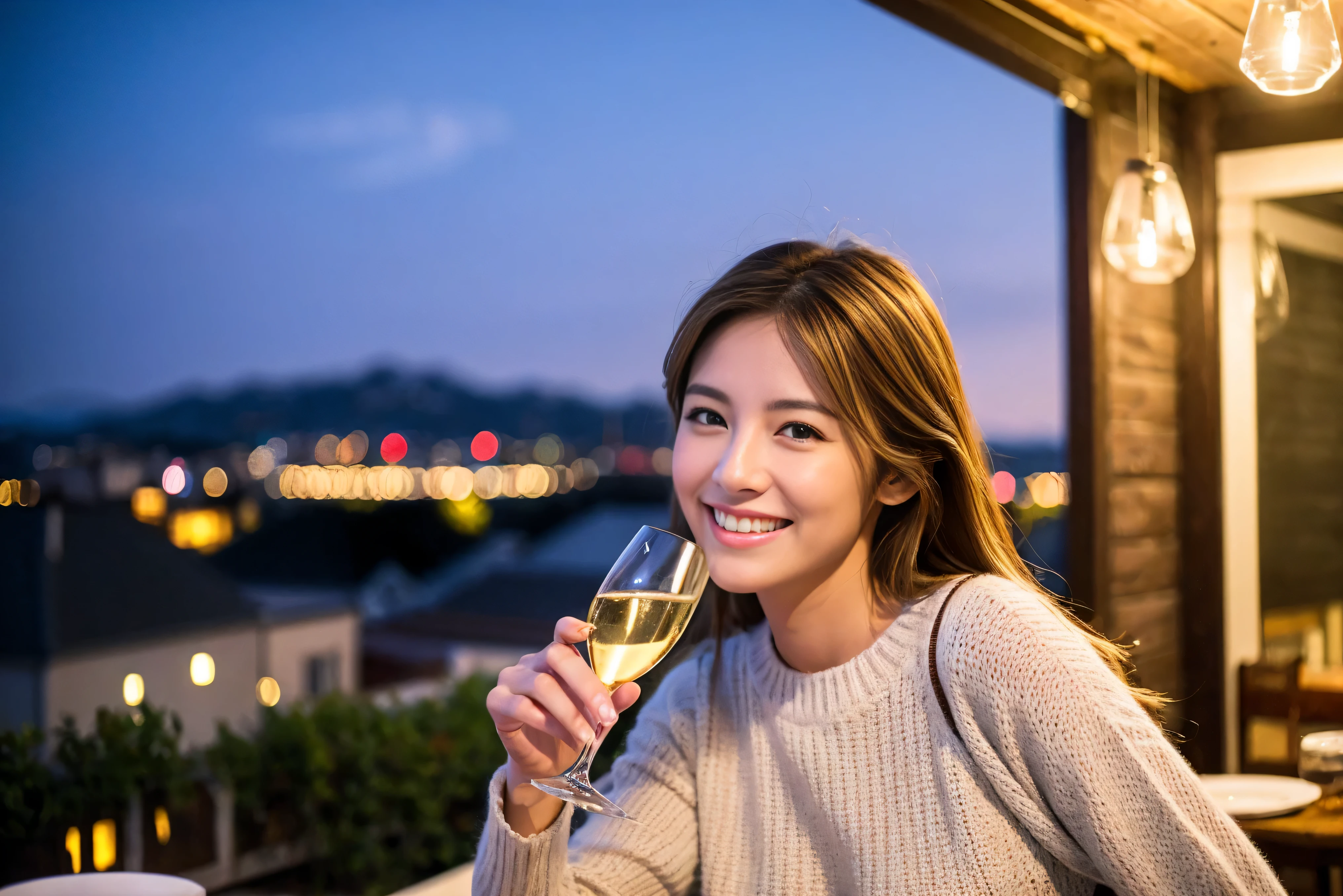 highest quality, ultra high resolution, genuine, photogenuineistic, 8K, break, Spectacular view of the sunset sky and clouds、Amazing mountain views、A lovely woman with a smile、The woman's face is bright、fox face、lady、Wine Party、wine bottle、Champagne、sparkling wine、red wine、White wine、hors d'oeuvre、Italian food、2 beauties、white skin、brown hair、shortcut、(42 years old), 38 years old, attractive beauty、Super fashion model, Japanese, (full body:1.4), break, Slim body、A bright smile、Slim beauty、highly detailed hair, shiny light brown hair, detailed face, highly detailed eyes, brown eyes, fine skin, (white skin), lip details, (smile, drunk), Natural light,cashmere sweater、party dress、Japanese、Englishman、Dutch、German、Belgian、Italian、French,Pretty Woman 1, (slim face), (Because I'm slender), (brown hair), (shortcut), cheeks turn a little red, A beautiful and detailed night view spreads out outside the window.........., restaurant, sitting in a wine glass, At night, in a prominent place (from the waist up) nova frog style, actress, model, Upper body, White wine, slim, wine glass, very beautiful night view, wine glass placed in the middle, Smile, (smile: 1.15), beautiful small eyes,