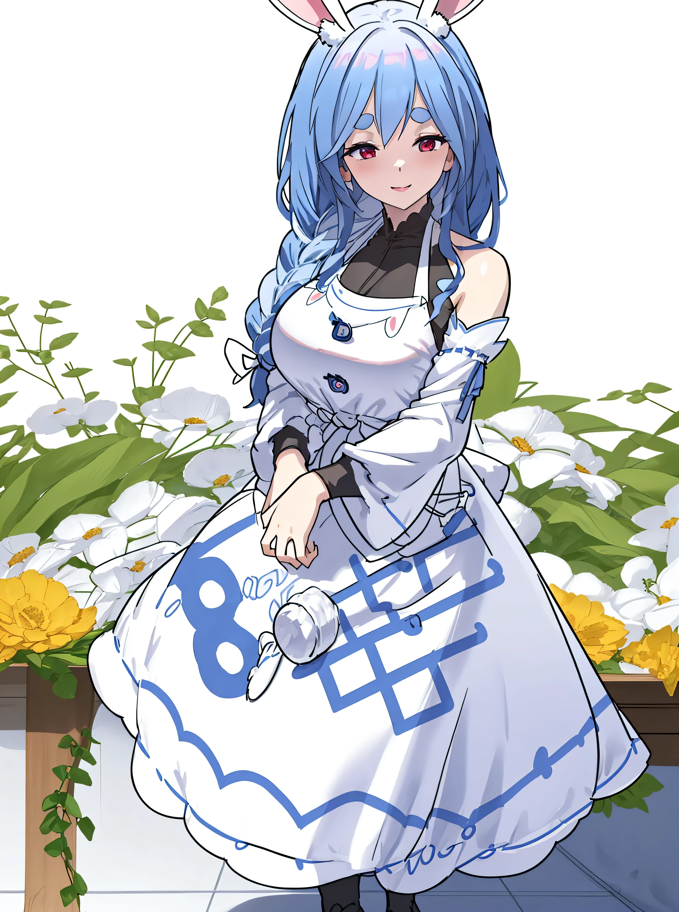 Pekomama \(hololive\),1girl, blue hair, long hair, braid, single braid hair, bunny ear, rabbit ear, thick eyebrows, red eyes, huge breasts, (Beautiful)
, 1girl, solo, Standing in the garden, full body, full figure, Garden, apron clothes, sleeveless, bare shoulders, pelvic curtain, one hand cradling the head, armpit, smiling at the viewer, 
, official art, extremely detailed CG unity 8k wallpaper, perfect lighting, Colorful, (best_quality), ultra high res,4K, ultra-detailed, 8K, HDR, high resolution,  absurdres:1.2, (vibrant_color:1.2),