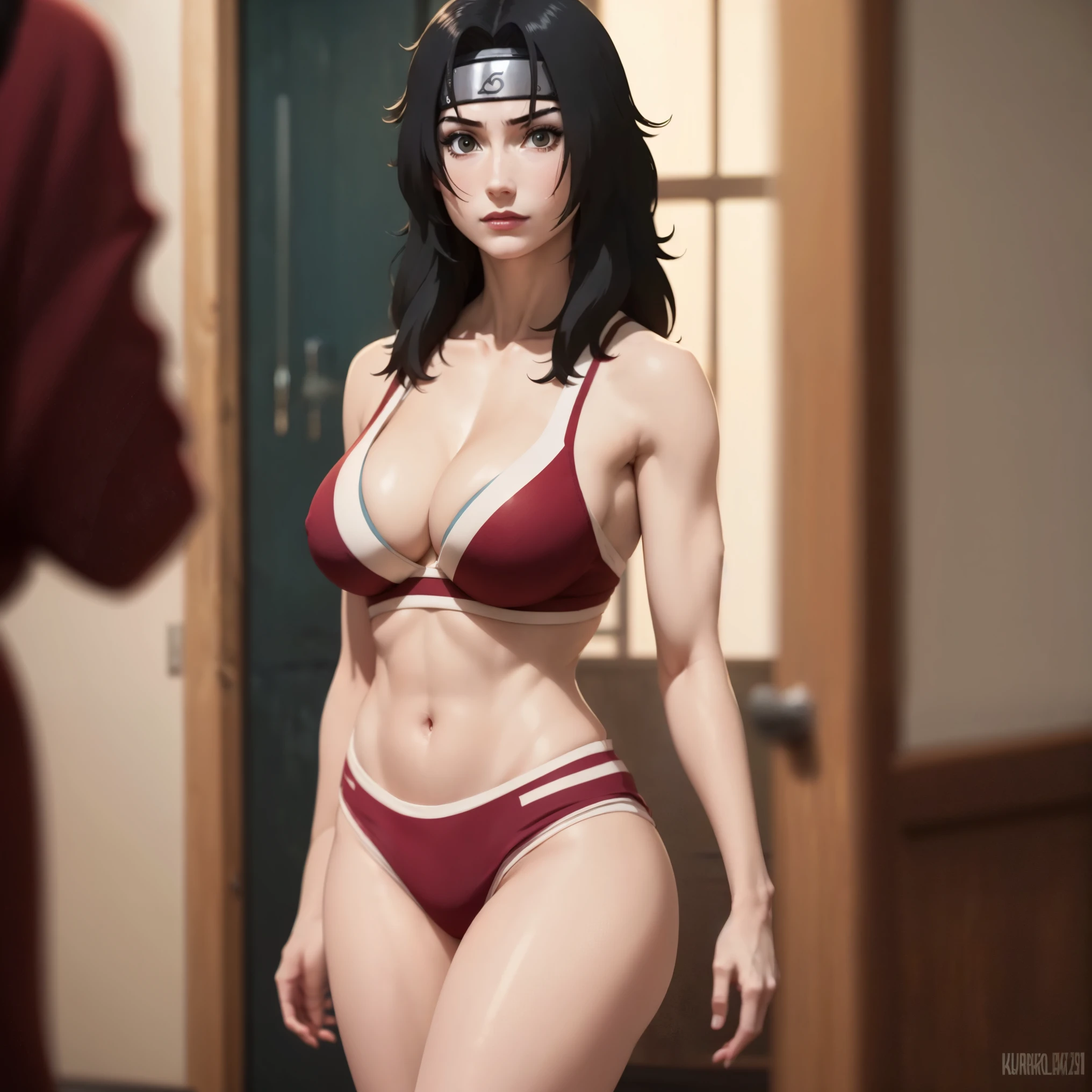 (masterpiece), best quality, expressive eyes, perfect face, solo kurenai from Naruto infancy colorful bikini , lingerie 30 year old women seductive body big breasts big thigs facing towards screen  long hairs scar on chest parted lips Lockhart feminine figure body in  bikini, red beautiful expressive eyes , scar on chest, 4k backlighting smirky face full  showing, exposing full body