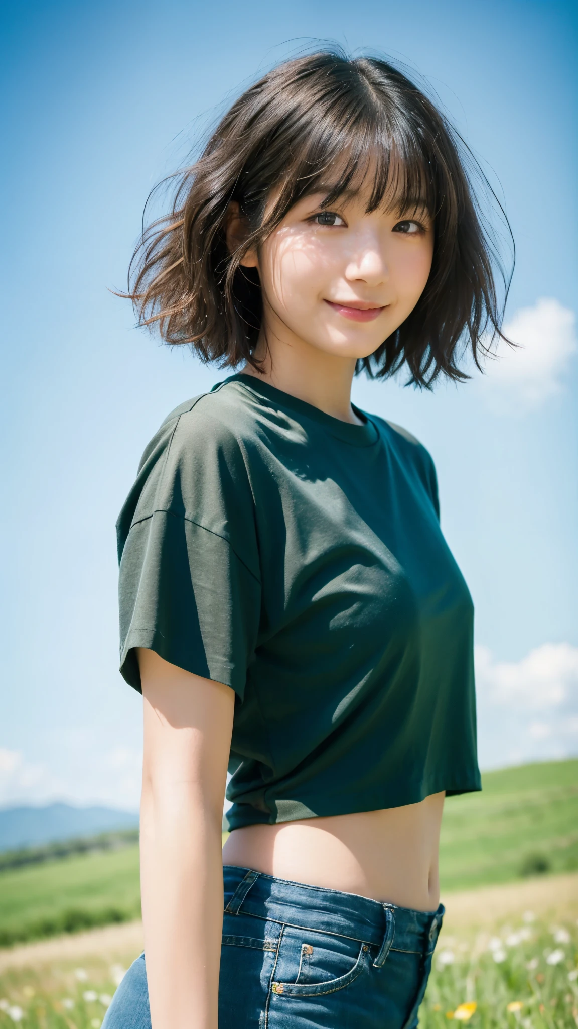 (highest quality,masterpiece:1.3,ultra high resolution),(Super detailed,caustics,8k),(photorealistic:1.4,RAW shooting),18-year-old,cute,Japanese,Short black hair with outward curls,(white t-shirt),(smile),looking at the camera,blue sky,sun,Backlight,(top of the hill),(Tall green grassland:1.1),(Standing in the steppe),(ground level shot:1.1),(shot from the waist up),(face focus),(face close up),(low position:1.2),(Low - Angle:1.2),Natural light