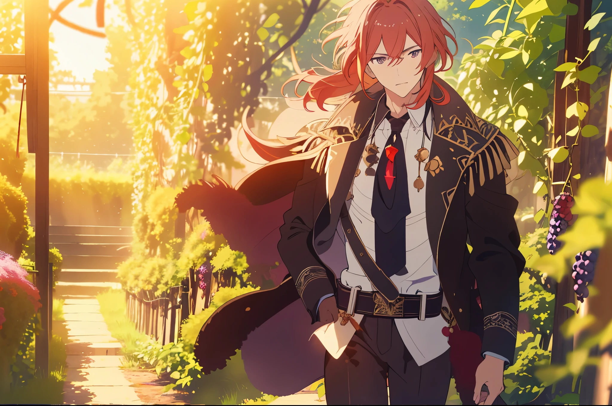 ((Best quality)), ((masterpiece)), (detailed),  ((perfect face)) 1 male solo, mature, handsome, tall muscular guy, broad shoulders, diluc (genshin impact), red hair, brown coat, brown pants, black tie with red crystal, dramatic light, cinematic shot, ((walking under grape vines arc)), sunny day, rays of the sun, purple grape growing on vines, anime screenshot