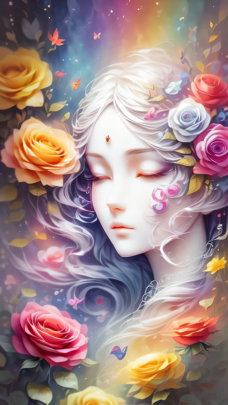 (Side face beauty,long colored hair,close eyes,masterpiece roses),Rainbow color background, (illustration:1.2,paper art:1.2, Zentangle:1.2, 3d rendering),(best quality, detailed details, masterpiece, official art, Lighting effects, 4K, chiaroscuro)