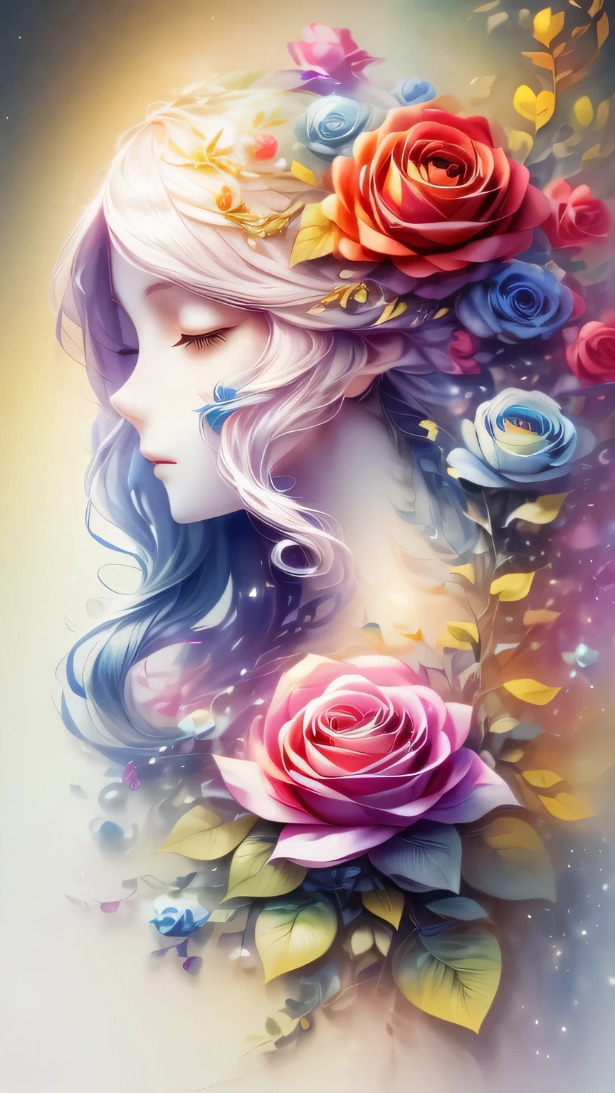 (Side face beauty,long colored hair,close eyes,masterpiece roses),Rainbow color background, (illustration:1.2,paper art:1.2, Zentangle:1.2, 3d rendering),(best quality, detailed details, masterpiece, official art, Lighting effects, 4K, chiaroscuro)