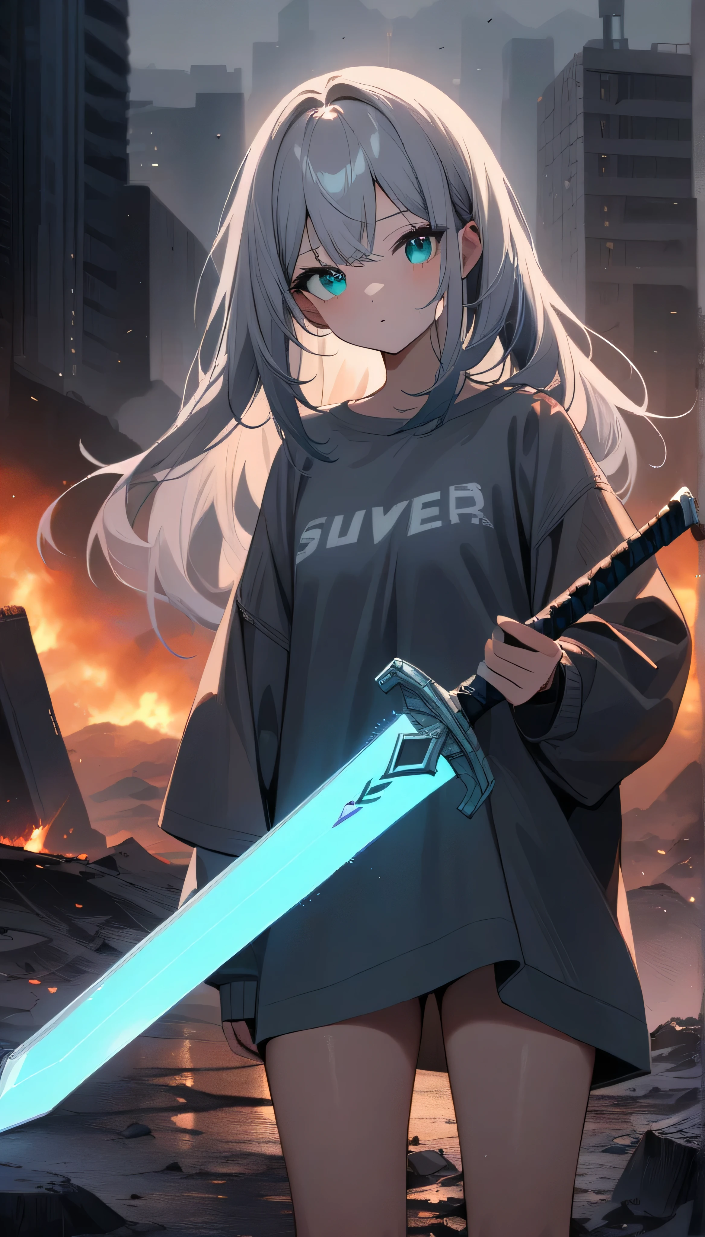 Resolution full, best quality, masterpiece, full HD, beautifull girl, foggy theme, super detailed, 1girl, cute girl, long hair, silver hair, detailed beautiful Aqua eyes, grey T - shirt oversized, in wasteland, in burning city, holding glowing sword, shadows surroundings girl, has a lighting power