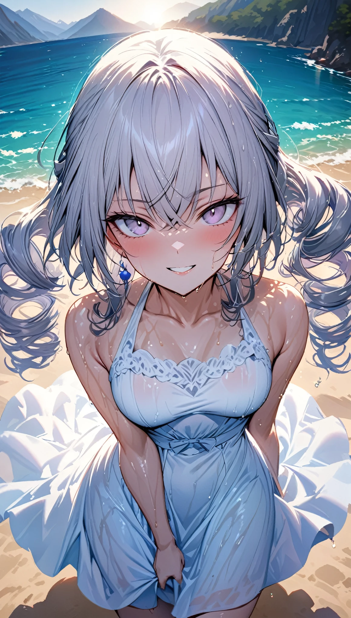 (((Masterpiece))), , diffused light, dynamic shadows, sharp focus, detailed, summer dress , anatomically correct, loving face, beautiful smile, beach with mountain background, bronya, (( half body:1)), bronya, long drill hair, very wet dress, 