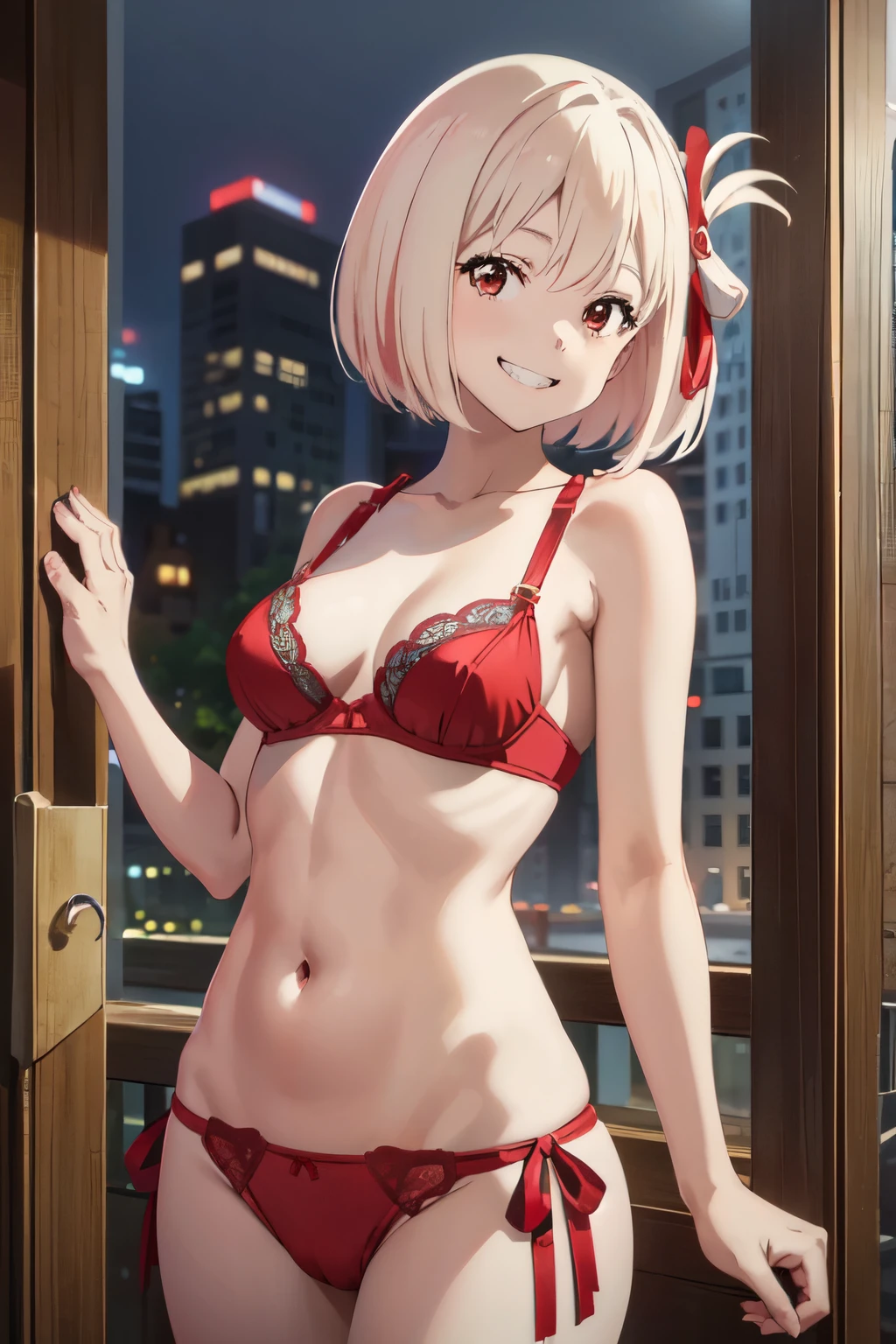 ((masterpiece:1.3, very detailed:1.3, High resolution:1.1, highest quality, hd, Full Image)),(((pixel perfect, Perfect in every detail))), ((alone, 1 girl, Chisato Nishikigi, looking at the viewer, smile, Upper body)),((outdoor, city, building, wood)),((sexy pose, Are standing)),((large size breasts, red bra, Red G-string)),((smile, smiling mouth, teeth, small eyes))