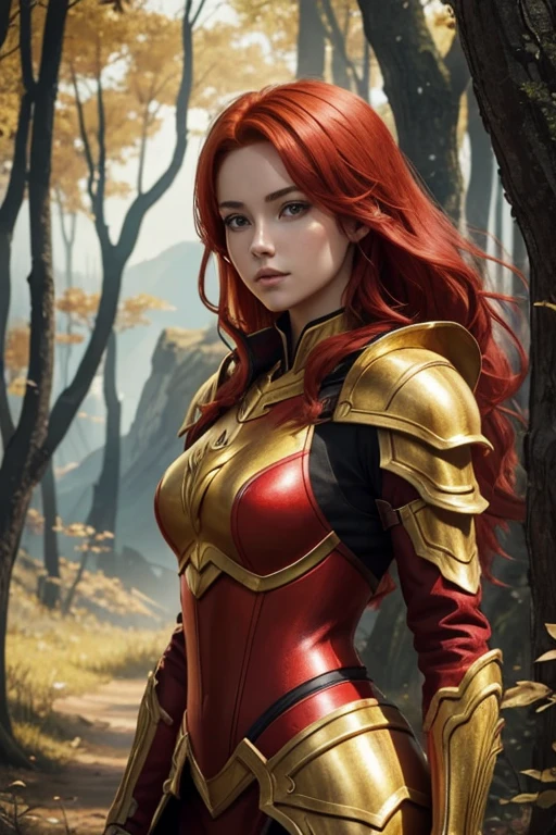 a beautiful girl, with red hair, in golden armor. nature background. stylization, hyper detail