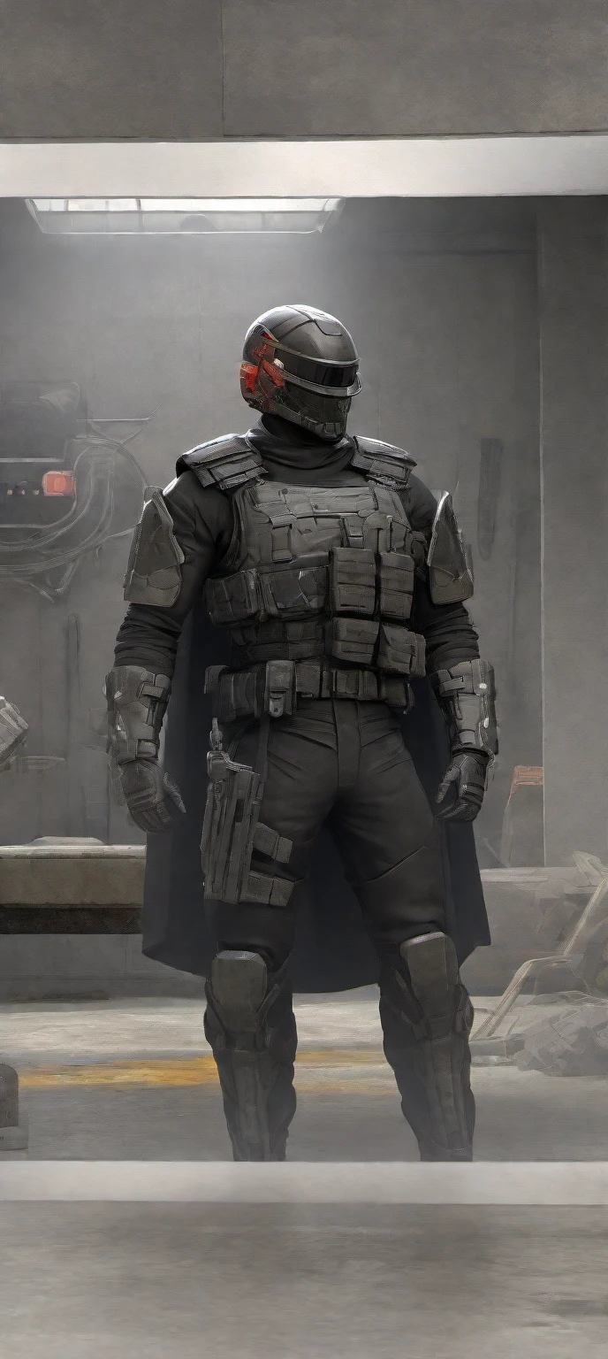 ((Best Quality)), ((Masterpiece)), (Very detailed:1.3),(Depth of Field) HDR (High Dynamic Range), Super Resolution, a man in a helmet dressed in tactical armor, With a black cape,Shoulder pads, Knee pads, Utility belt, three throwing knives holstered on his arm, Pistol, In a battleground getting shot at, Bullets bouncing off his amour 