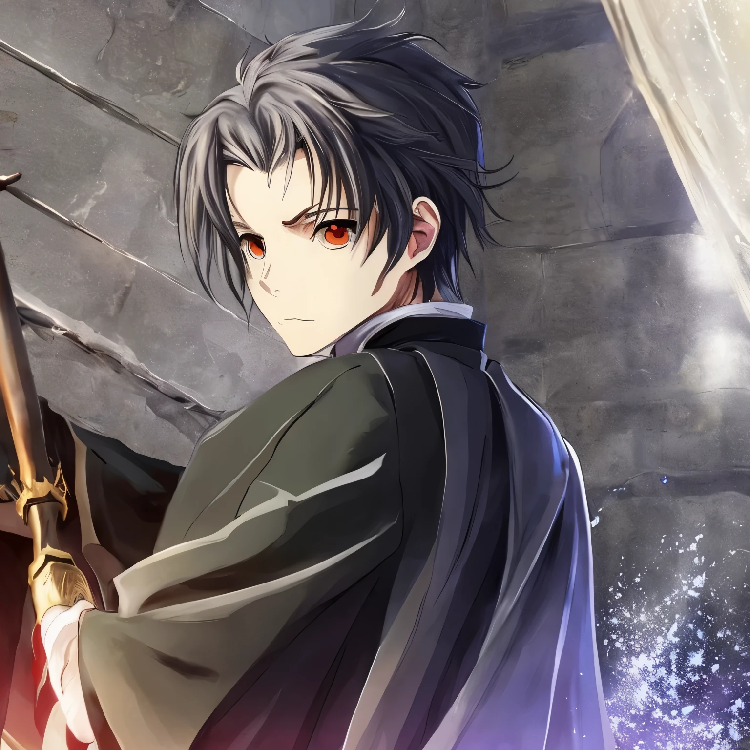 medieval european style, anime, yellow eyes, wizard, young man