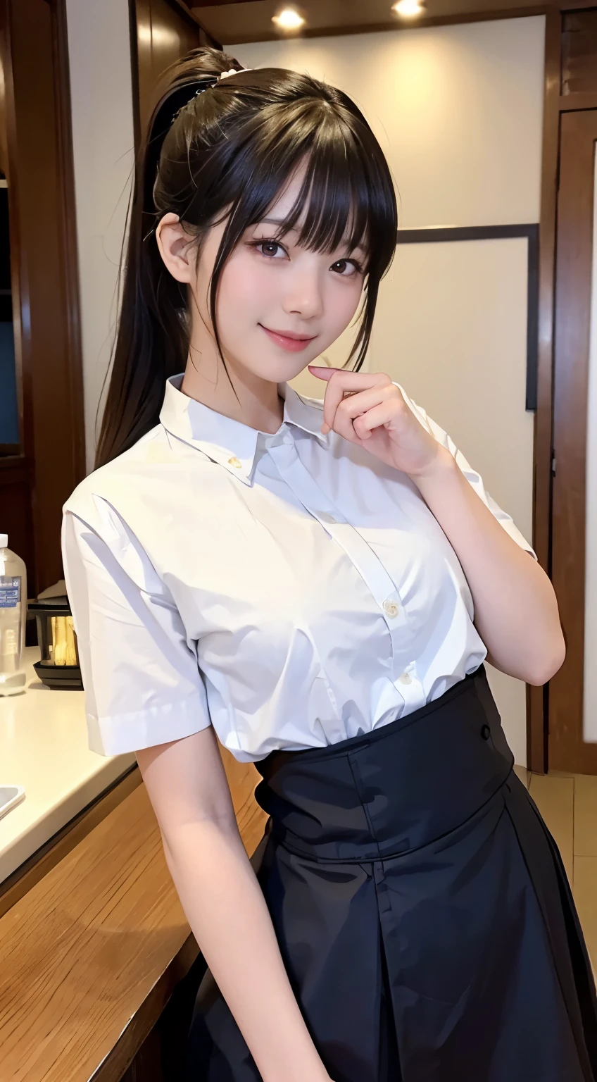 (highest quality,masterpiece:1.3,ultra high resolution,),(Super detailed,caustics),(Photoreal:1.4,RAW shooting,)ultra-realistic capture,very detailed,High resolution 16K human skin close-up。 natural skin texture、,The pores are、、、、Must be detailed enough to be easily identified。 Skin should look even-toned and healthy。 Use natural light and color,restaurant,waitress uniform,1 girl,Japanese,18-year-old,cute,black haired,ponytail,big breasts,smile,turn your body forward,(Front view:1.1),look at the camera,cowboy shot,