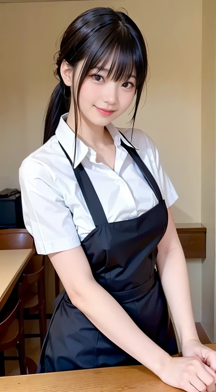 (highest quality,masterpiece:1.3,ultra high resolution,),(Super detailed,caustics),(Photoreal:1.4,RAW shooting,)ultra-realistic capture,very detailed,High resolution 16K human skin close-up。 natural skin texture、,The pores are、、、、Must be detailed enough to be easily identified。 Skin should look even-toned and healthy。 Use natural light and color,restaurant,waitress uniform,1 girl,Japanese,18-year-old,cute,black haired,ponytail,big breasts,smile,turn your body forward,(Front view:1.1),look at the camera,cowboy shot,