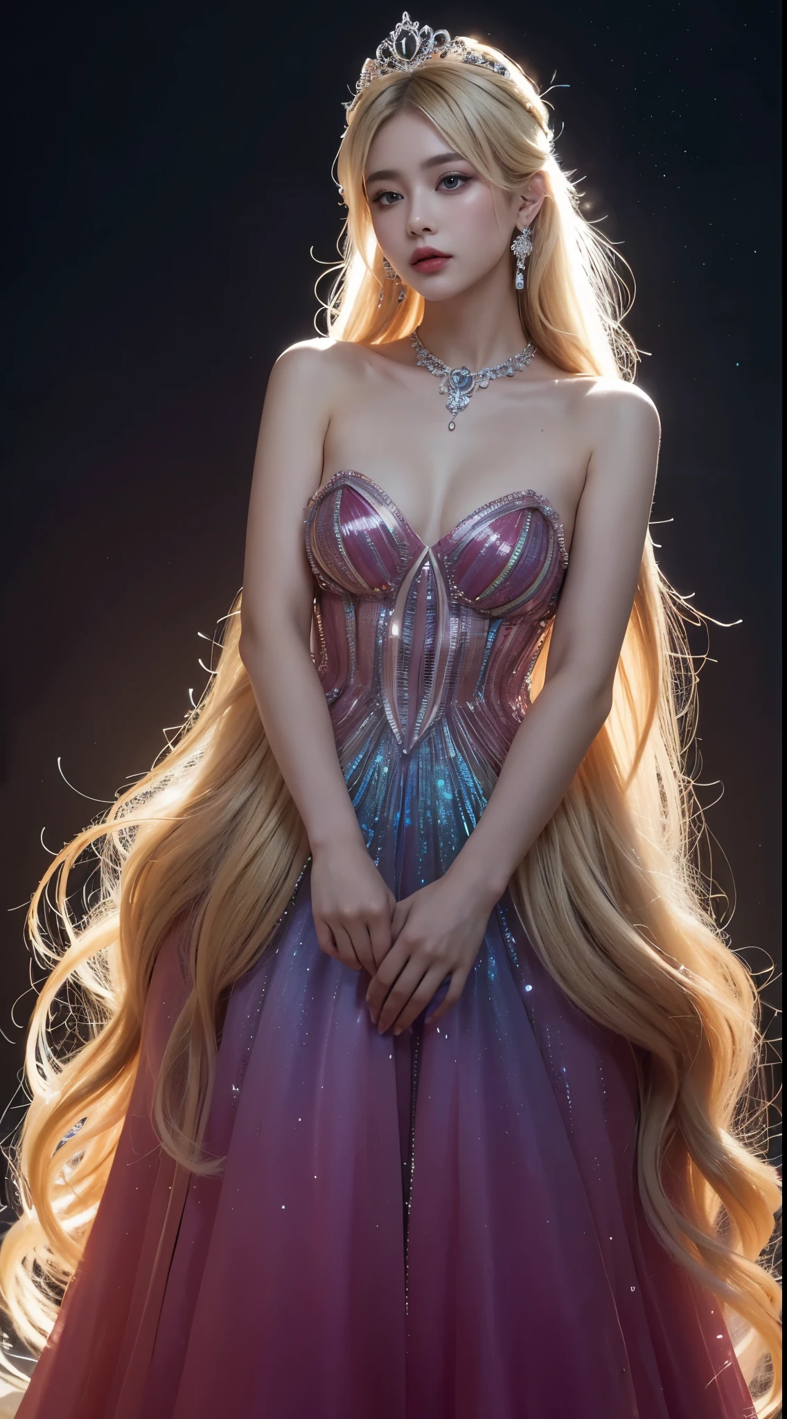 Creates an image of a blonde woman wearing a flowing dress.. Her hair has multicolored highlights., And she accessorized with crystal earrings and a tiara.. This dress is designed with a gradient pattern., surrealism, Shows influence from various art styles, including Gothic art.. Configuration includes cinematic lighting., depth of field, You can also add blindfolds or mysterious elements to add an interesting feel to the scene... The focus is still on female beauty., By incorporating keywords provided by CART,.