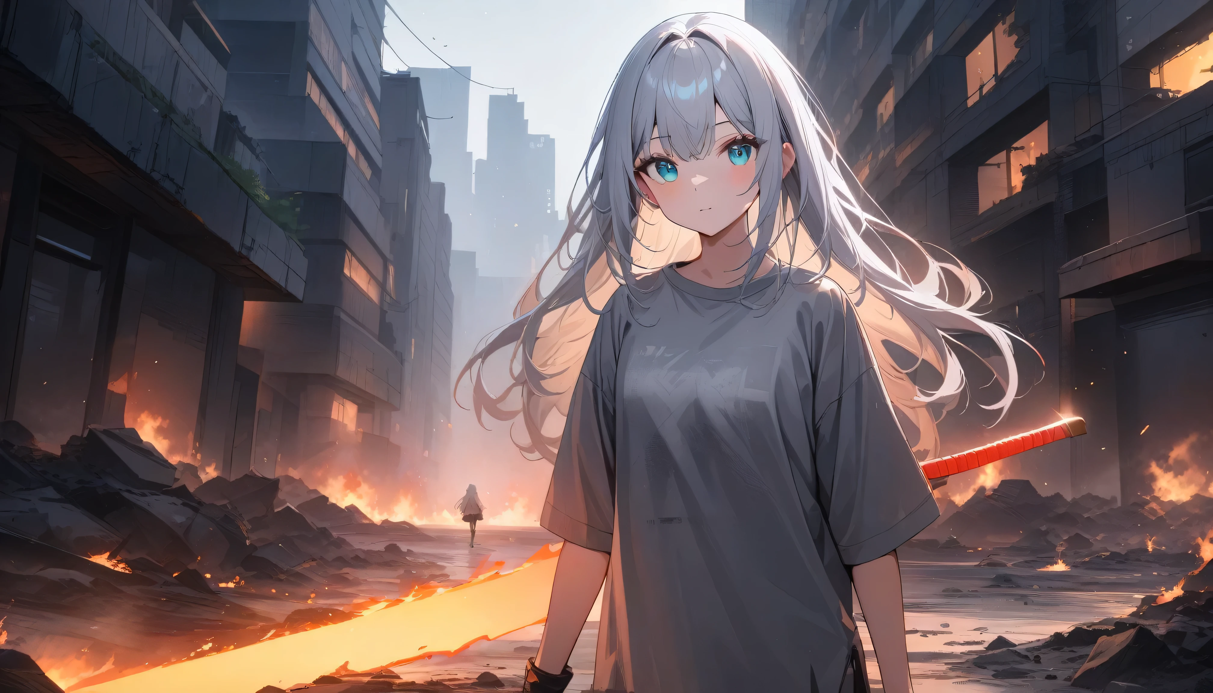 Resolution full, best quality, masterpiece, full HD, beautifull girl, foggy theme, super detailed, 1girl, cute girl, long hair, silver hair, detailed beautiful Aqua eyes, grey T - shirt oversized, in wasteland, in burning city, holding glowing sword, shadows surroundings girl, has a lighting power
