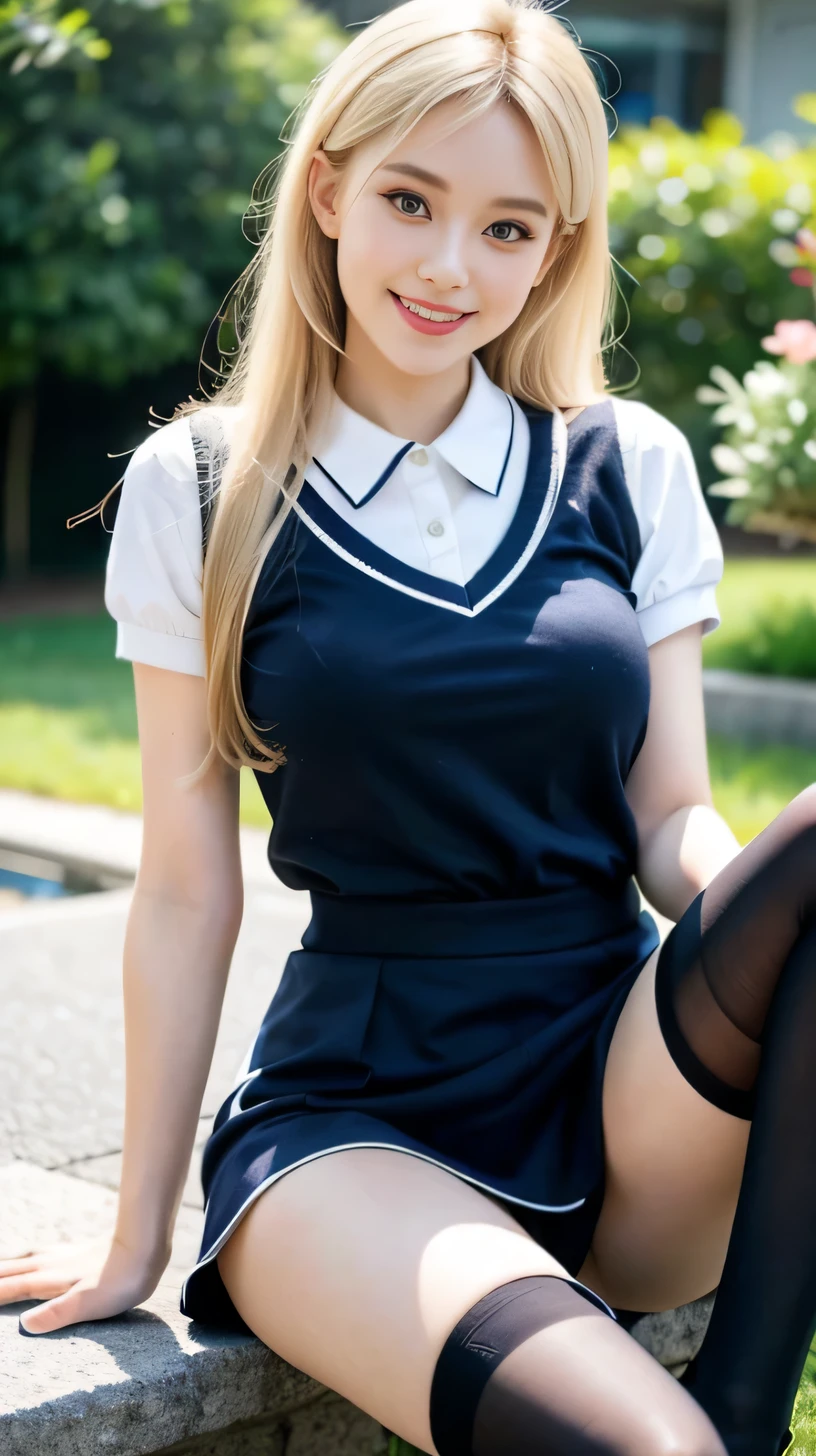 best quality, full body portrait, delicate face,very cute and pretty face, 22 years old woman, slim body, , cheerleader uniform, office uniform, black stockings, outdoor scene, Sitting position, spread legs, blonde hair, happy smile, dance