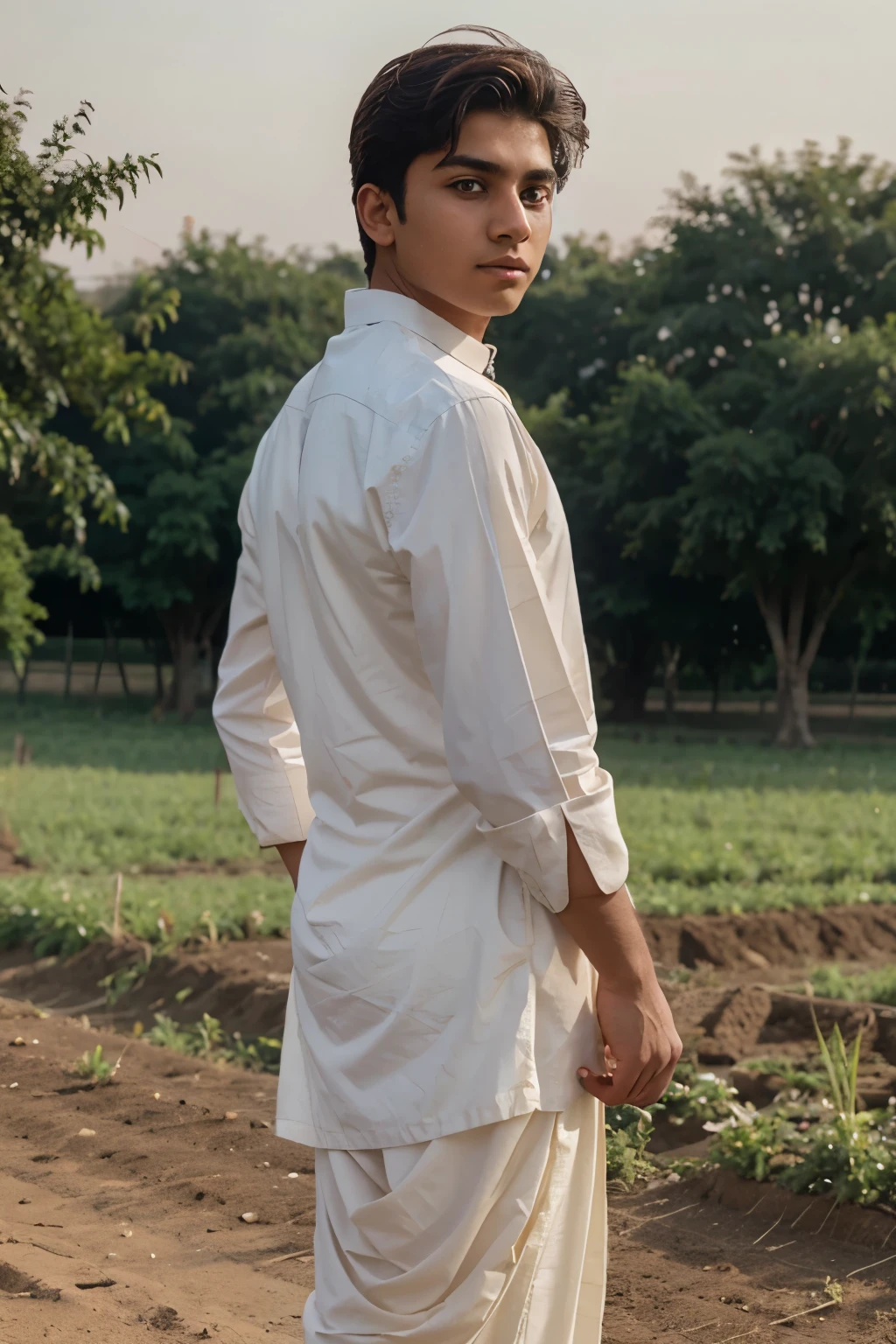 create a young boy of age 18 wearing shalwar kamiz in pakistan farm (back pose aesthetic vibe)