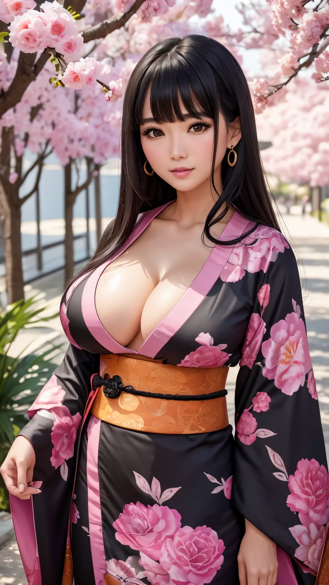 ((highest quality)), ((8k)), (detailed face), (highlight), Asian、woman、Big breasts、bangs、black hair、Colorful kimono with patterns、