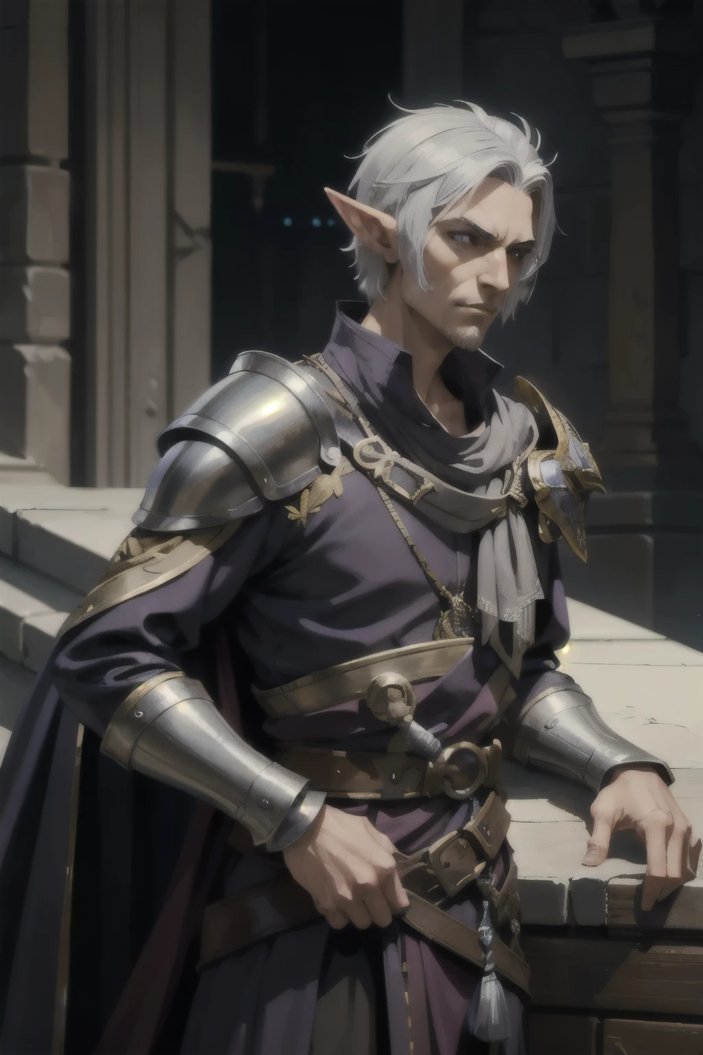 male elf pirate, elder, tall, square jaw, stoic face, with silver short hair, noble pirate armor, confident sharp look, majestic, royalty, king, wearing a crown, in a kings court
