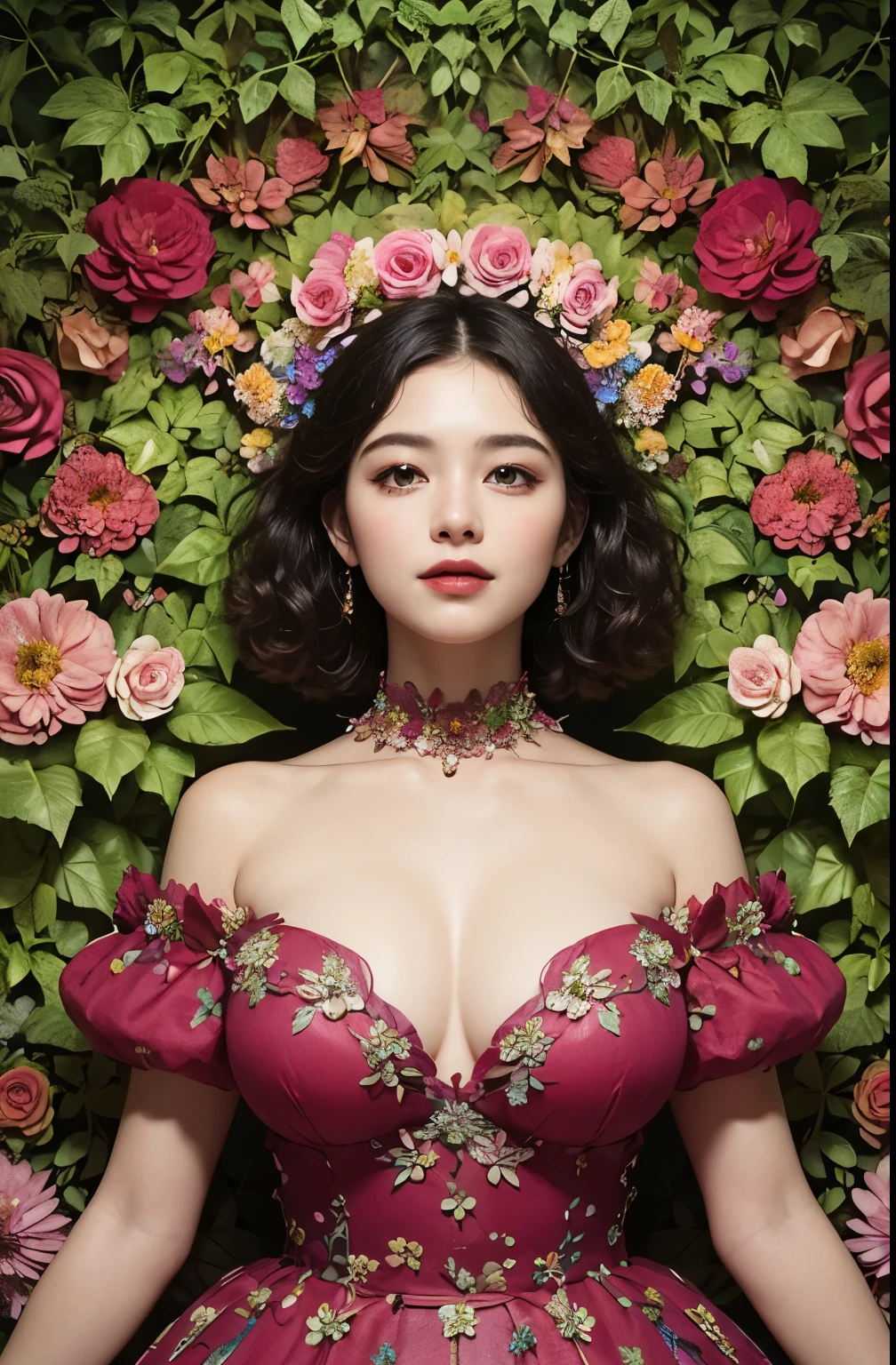 (masterpiece, top quality, 8k, best quality, official art, beautiful and aesthetic:1.2), very detailed,(fancy:1.2), (various flowers:1.5), (numerous flowers), (tangled:1.2), whole body, (abstract background:1.3), (glowing skin), (various colors:1.4), (many vines:1.2), (leaf: 1.2), grotesque background, Upper body emphasis, (random color dress), (huge tits), new age style, short hair perm, smile, dickey,