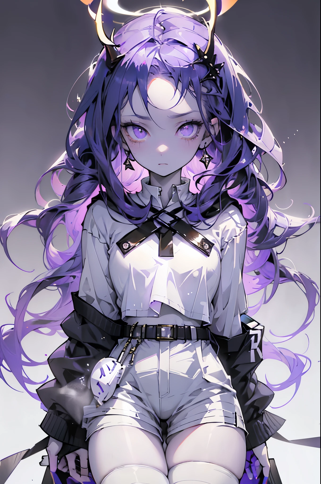 GUY bunny. Twisting dark purple horns wrapped in black ribbon. golden halo above your head. Long dark purple hair braided on the left side. pale violet eyes. Long white t-shirt. white short shorts. White knee socks above the knee. White cloak with hood and ornament of gold rings. white concrete wall lighting lamps. water on asphalt. full length. Cascade of icy moons on a dark purple sky