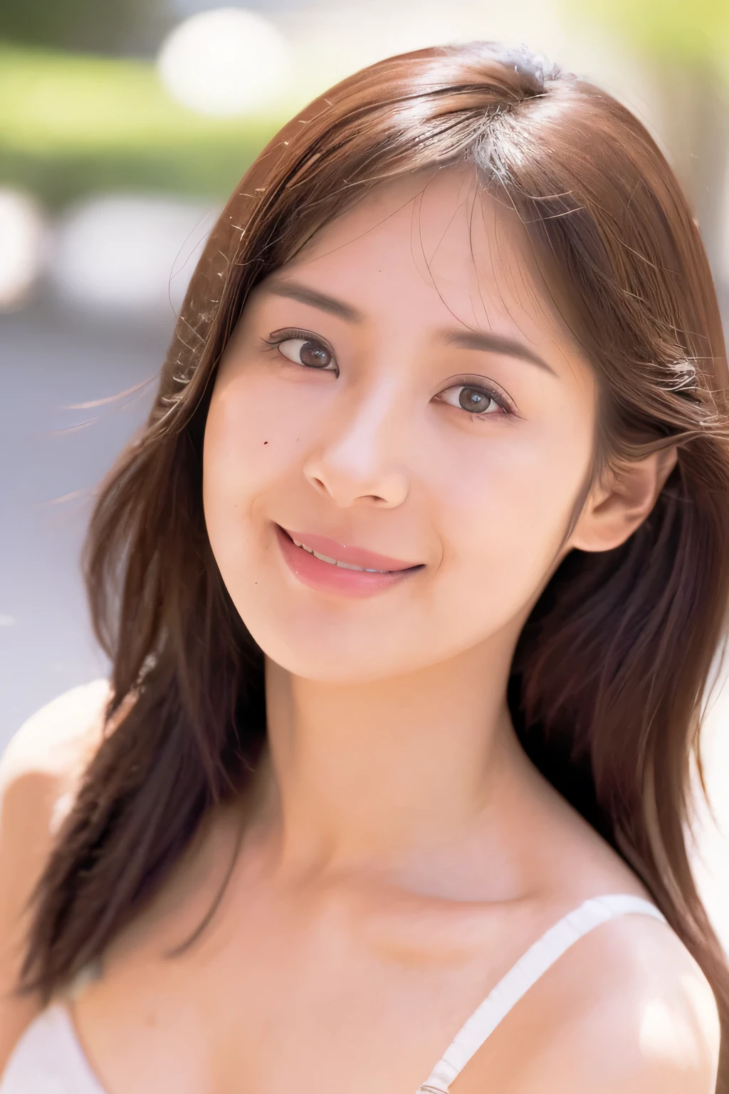 NSFW:1.5,((highest quality、8K resolution、master masterpiece、portrait:1.3)), Photoreal, 35mm film, 1 Japanese female, Upper body、on the street during the day, wrinkles around the eyes、plump body、long hair_bangs、smile,((white bra_panties:1.3)) , (outdoor:city street 1.3), jumbled background,look at the audience,Tokyo cityscape:1.3,close your mouth