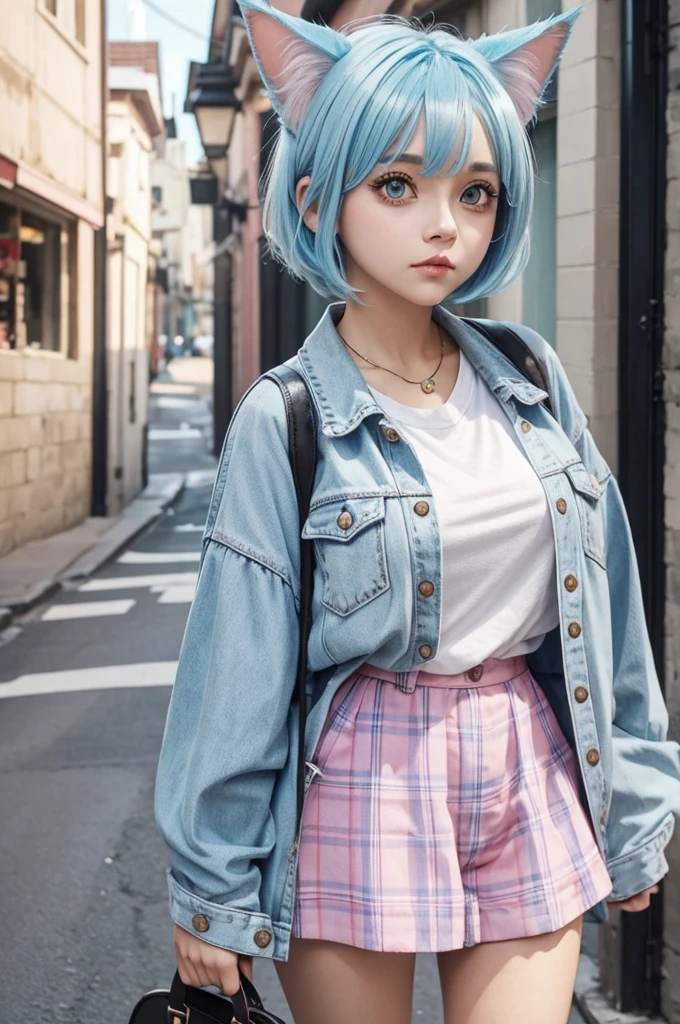 light blue hair short bob big eyes pretty girl Pink checked outfit Cat ear