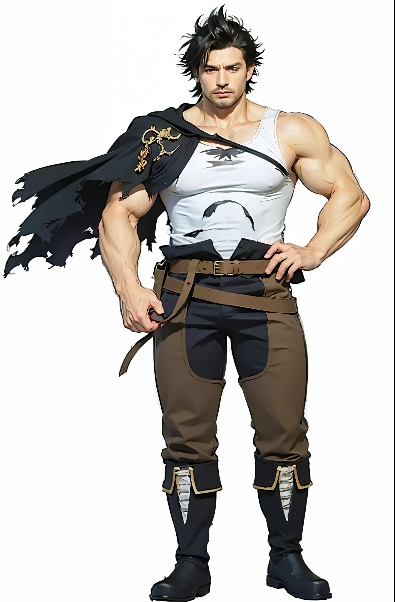 30 year old man, grim look, cigarette in mouth, black spikey hair, black cape on one shoulder, white tanktop, brown trousers, black boots, very muscular