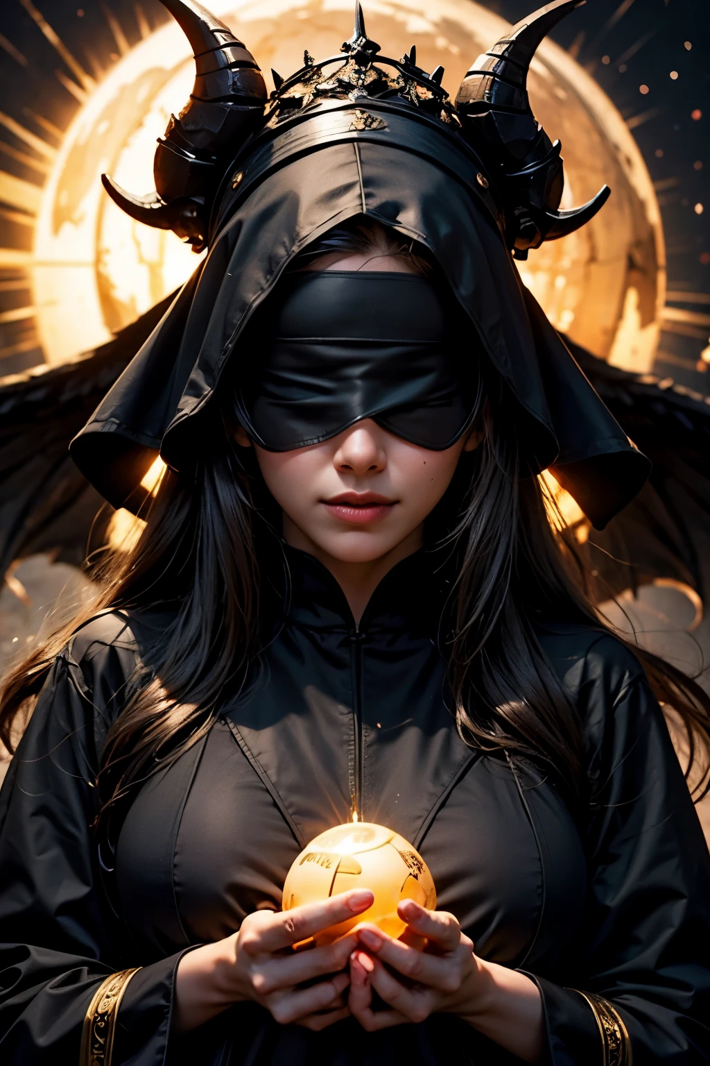 age girl, monastic clothes, sweaty hair, Ancient battlefields, big breasts, Ram horns growing from his head, Veiled, Glitter effect on background, movie lighting effects, Join hands, Burning castle in the background, countless flames in the background, Big wings on the back, Casting spells, blindfold, Ball of light on abdomen, A ball of light in front of the stomach, tilt one's face, blue flame, pillar of light, anatomically correct hand, 顔の前でJoin hands, smile, Jet black wings grow, highly detailed face, Beautiful and well-proportioned face, Redskin, Sister's Robe, Supermodel proportions, I'm in the fog, Rainy nights, Cast a spell, witch, nun's veil, Lightning is falling, beautiful hair, pointed ears
