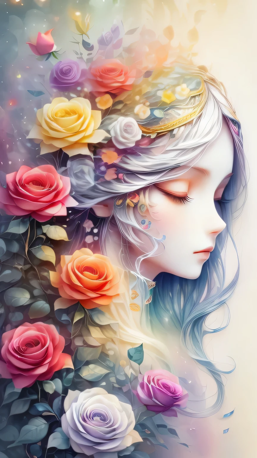 (Side face beauty,long colored hair,close eyes,masterpiece roses),Rainbow color background, (illustration:1.2,paper art:1.2, Zentangle:1.2, 3d rendering),(best quality, detailed details, masterpiece, official art, Lighting effects, 4K, chiaroscuro)