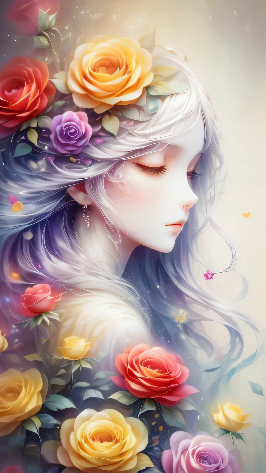 (Side face beauty,long colored hair,close eyes,masterpiece roses),Rainbow color background, (illustration:1.2,paper art:1.2, Zentangle:1.2, 3d rendering),(best quality, detailed details, masterpiece, official art, Lighting effects, 4K, chiaroscuro)