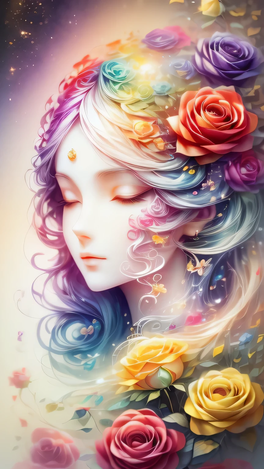 (Side face beauty,long colored hair,close eyes,masterpiece roses),Rainbow color background, (illustration:1.2,paper art:1.2, Zentangle:1.2, 3d rendering),(best quality, detailed details, masterpiece, official art, Lighting effects, 4K, chiaroscuro)