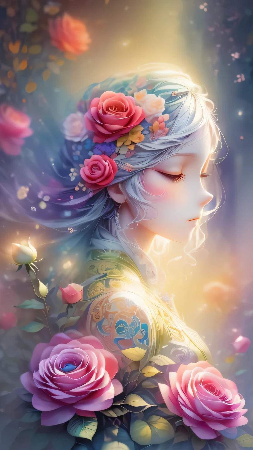 (Side face beauty,long colored hair,close eyes,masterpiece roses),Rainbow color background, (illustration:1.2,paper art:1.2, Zentangle:1.2, 3d rendering),(best quality, detailed details, masterpiece, official art, Lighting effects, 4K, chiaroscuro)