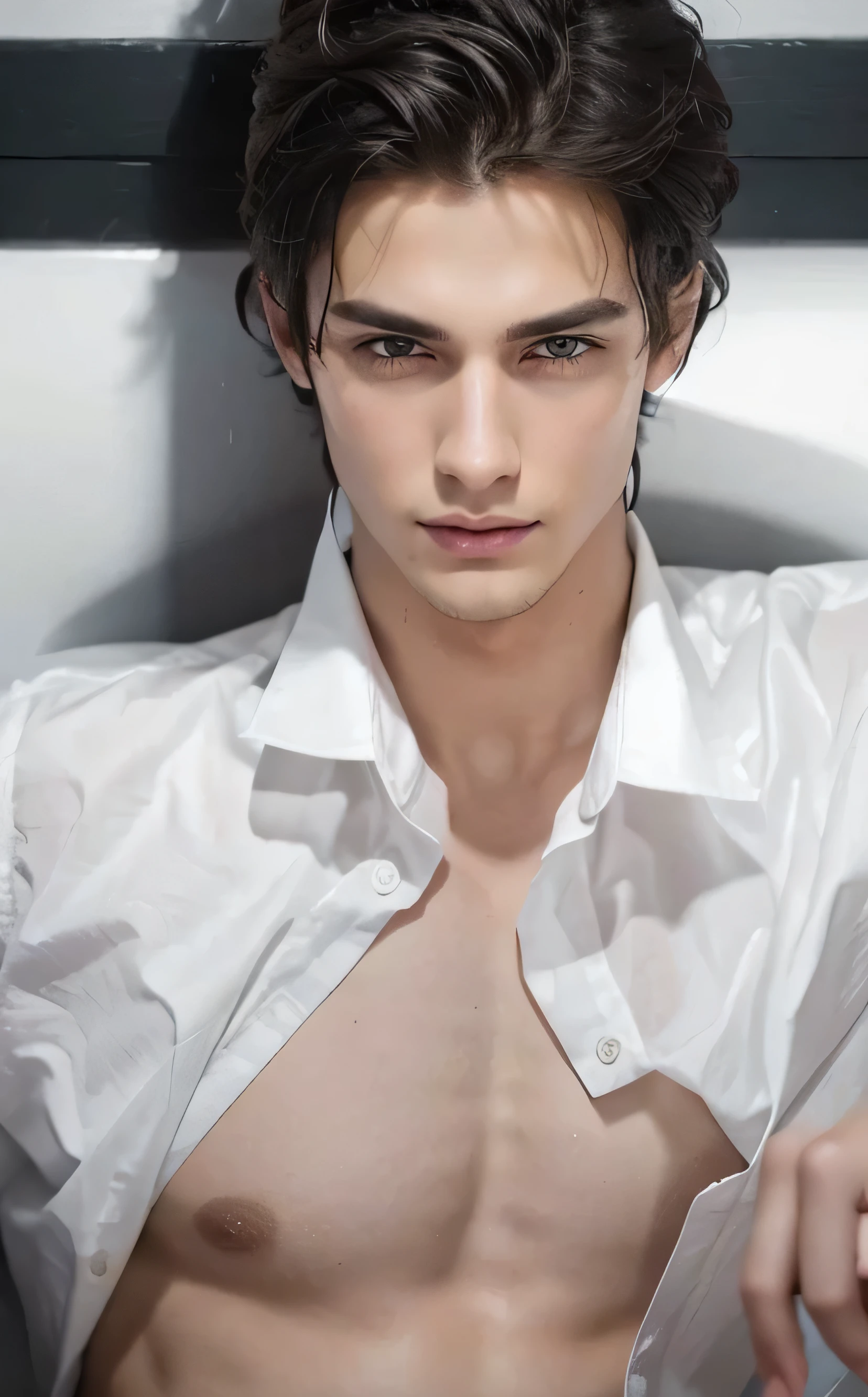 handsome boy, short hair, black hair, gray eyes, white formal