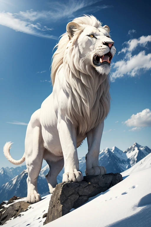 A white lion roaring on the top of a mountain 