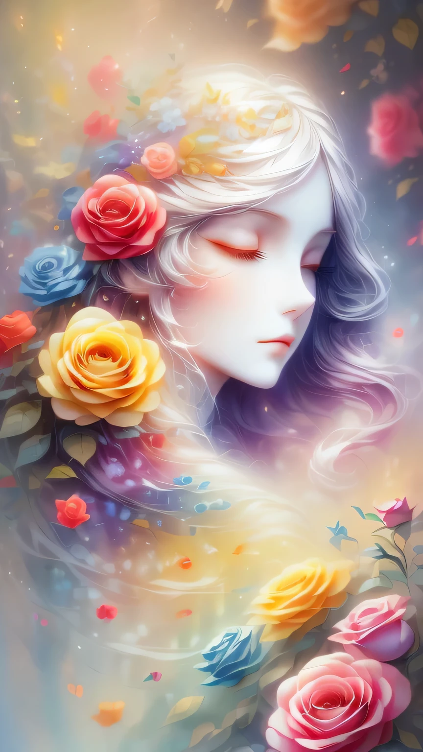 (Side face beauty,long colored hair,close eyes,masterpiece roses),Rainbow color background, (illustration:1.2,paper art:1.2, Zentangle:1.2, 3d rendering),(best quality, detailed details, masterpiece, official art, Lighting effects, 4K, chiaroscuro)