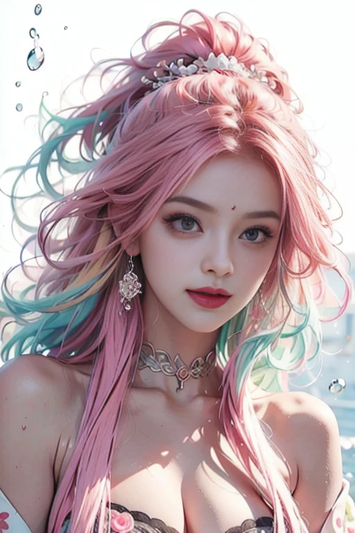 pink hair, sidelocks, hairclip, multicolored eyes, grin, clover hair ornament, ray tracing, anaglyph, anime, perspective, tachi-e, Ultra-Wide Angle, anatomically correct, UHD, best quality, highres, Masterpiece masterpiece, best quality, High resolution), White background, ((Paint splashes, color splash, splash ink, color splash)), sweet chinese girl, rainbow hair, pink lips, front, Upper body