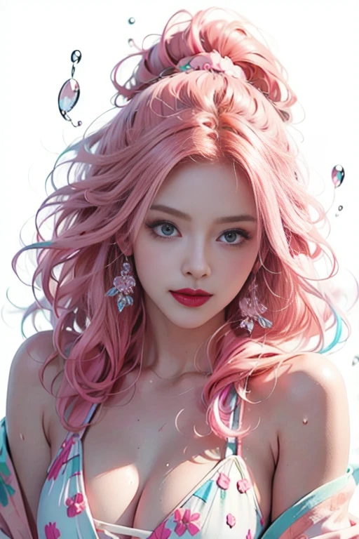 pink hair, sidelocks, hairclip, multicolored eyes, grin, clover hair ornament, ray tracing, anaglyph, anime, perspective, tachi-e, Ultra-Wide Angle, anatomically correct, UHD, best quality, highres, Masterpiece masterpiece, best quality, High resolution), White background, ((Paint splashes, color splash, splash ink, color splash)), sweet chinese girl, rainbow hair, pink lips, front, Upper body