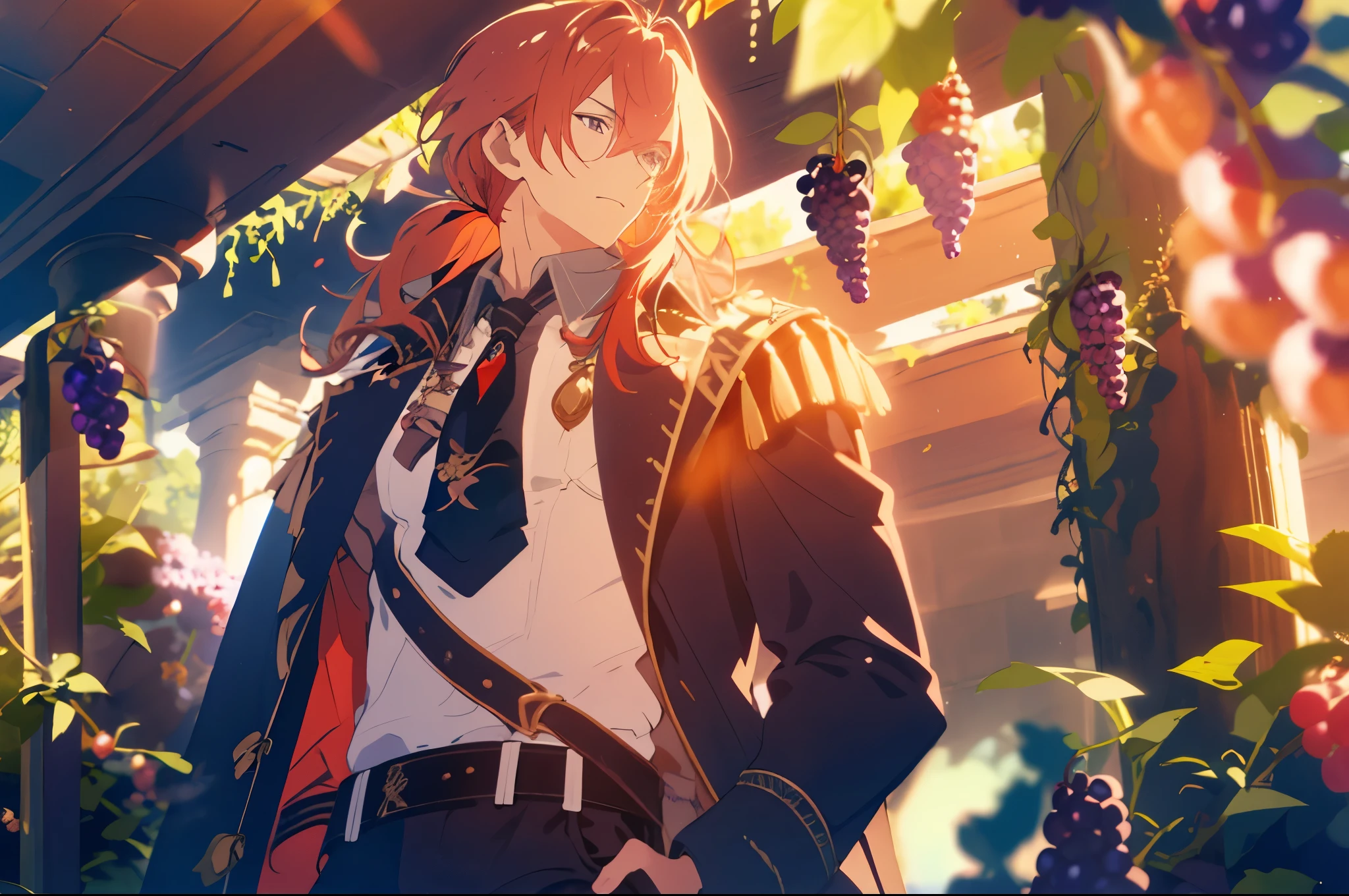 ((Best quality)), ((masterpiece)), (detailed), ((perfect face)) 1 male solo, mature, handsome, tall muscular guy, broad shoulders, diluc (genshin impact), red hair, brown coat, brown pants, black tie with red crystal, dramatic light, cinematic shot, ((walking under grape vines arc)), sunny day, rays of the sun, purple grape growing on vines, anime screenshot