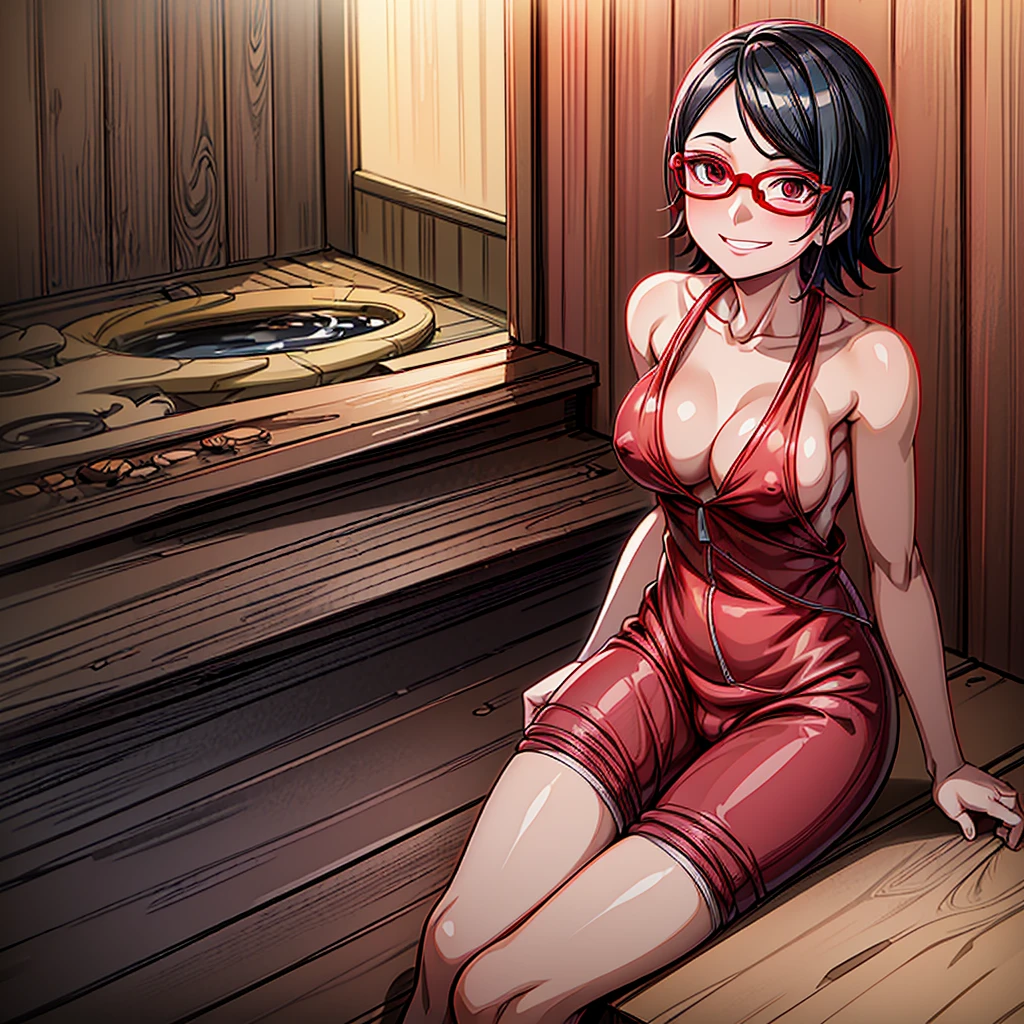 (Sarada in a steamy sauna) (ultra-detailed),(radiant colors) (dark lighting) sitting down, head up, red reading glasses, flirty smile,stunning eyes, medium breasts, wet t-shirt, breasts exposed, sweaty, red shirt, sarada kimono, (night), )red moon), nsfw