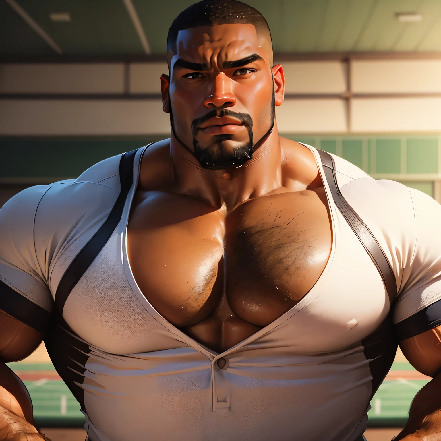 an exaggeratedly muscular and large bodyguard, beefy build, beard, dark-skinned african american male, buzzcut hair with square line, (wearing tight unbuttoned baseball shirt: 1.2), school team logo, (bara pecs: 1.3), (arm and chest hair: 1.1), close-up portrait HD, (baseball field)
