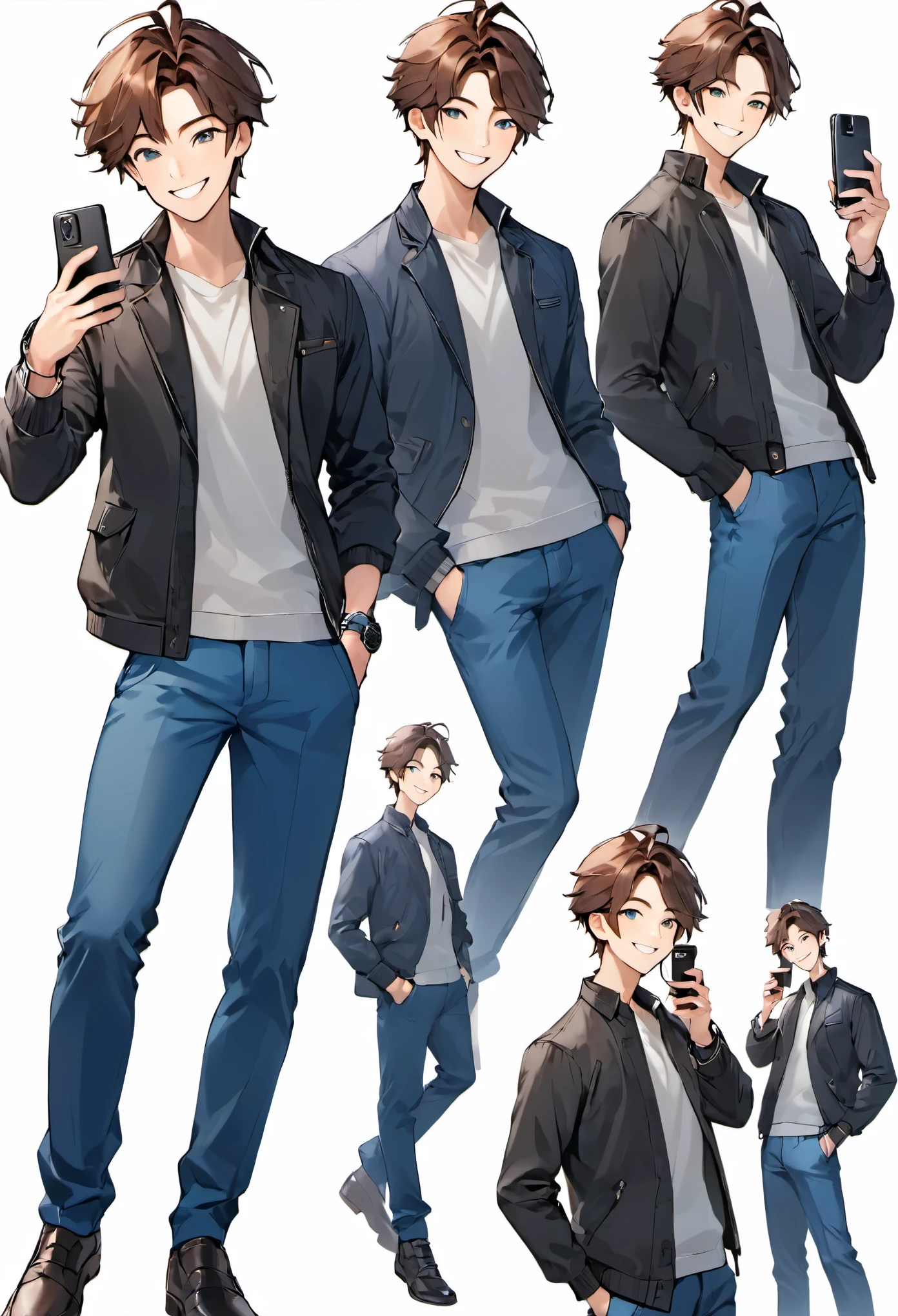 A handsome boy is smiling and taking pictures with his mobile phone，full-body shot，White background