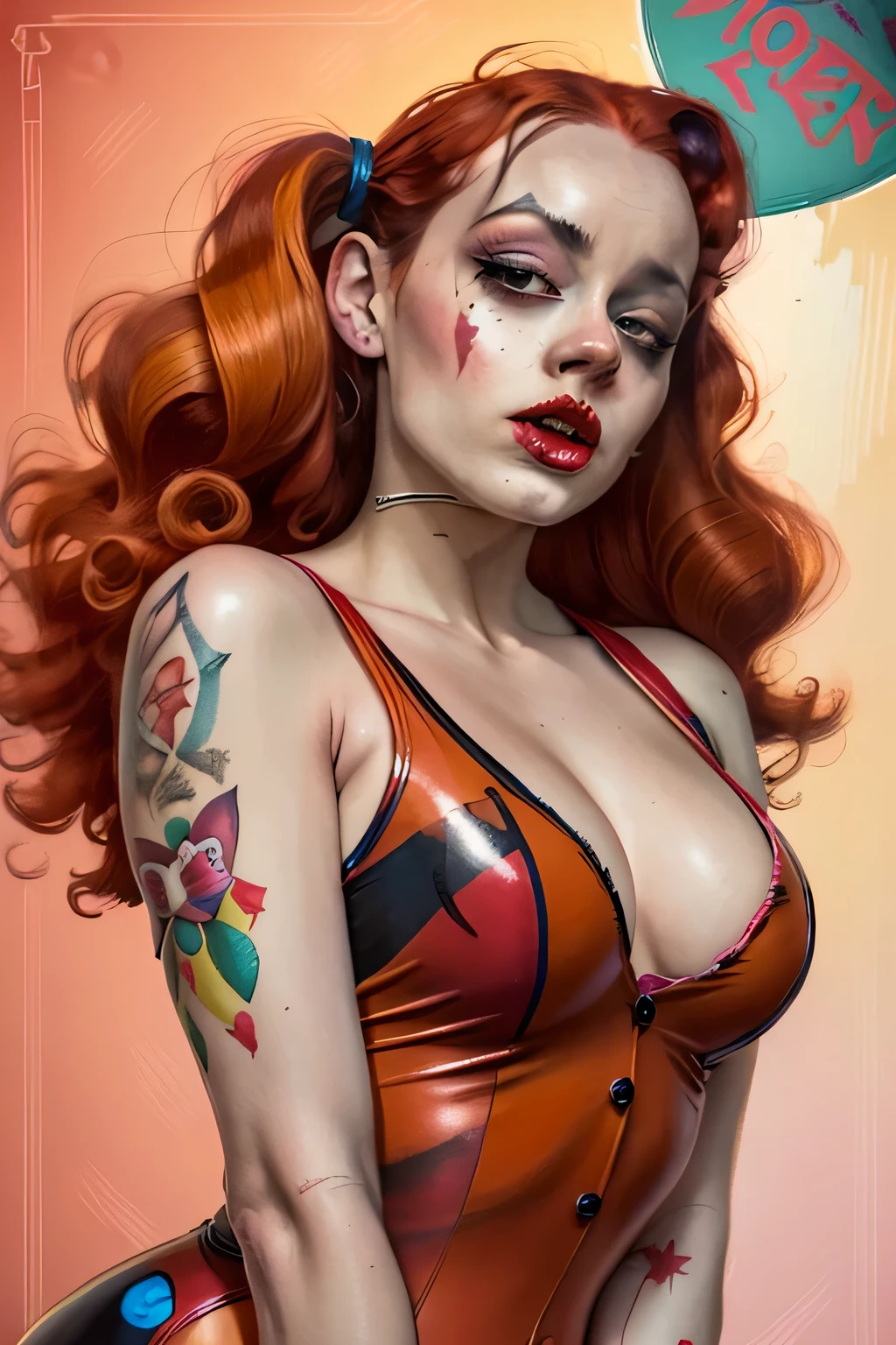 Harley Quinn, queen of clowns, heavy make up, shining skin, dramatic lighting, pin up style, sexy, surprised, , red colorful , masterpieces, illustrated, shining skin, detailed face, Medium breast. tight body. red hair, Illustrated BY Zoe Mozert, pinup art byZoe Mozert, vintage pin up, illustrated by Zoe Mozert, girl pinup, pinup girl, pin-up poster girl, pin up girl, pinup, pin - up girl, Detailed face, Detailed Hands, Detailed legs, bloody sweet dream