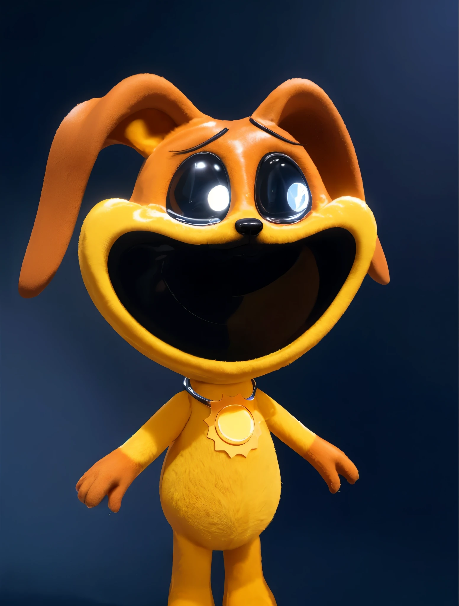 A yellow toy fuffy dog with a red collar and tag, it has a sad look on its face. It has big eyes and a round nose. The background is black. Dog is crying with tears, orange fur, furry character portrait, purple metal ears, cosplay photo, glossy texture, smooth 3d model, multiple light sources, rim light, sharp post effects render, (glossy plastic texture with multiple big light probe refractions), perfect cgi, smooth silhouette, high intensity refraction, (super glossy material), most beautiful vfx, blue background, plastic refractions, realistic, 4k, high resolution, rim light, photo shoot, commercial photo, profile shot, 4k, rim light, high resolution, 4k, glossy texture, smooth 3d model, multiple light sources, rim light, sharp post effects render, (glossy metallic texture with multiple big light probe refractions), perfect cgi, cgi art created only with gradients, smooth silhouette, high intensity refraction, (super glossy chrome material), most beautiful vfx, blue background, chrome metal refractions, multiple light sources, rim light, sharp post effects render, perfect cgi, digital art, detailed digital art, reflective, best quality, 4k, masterpiece:1.2, ultra-detailed, realistic, vivid colors, dark and moody lighting, The image of the highest quality, ensuring every detail showcased perfectly. It in 4k resolution, allowing viewers to immerse themselves in the richness of the colors and intricate details. The realistic rendering. under the spotlight, reflecting, high-resolution image, realistic rendering, dark background, and rim light photorealistic
