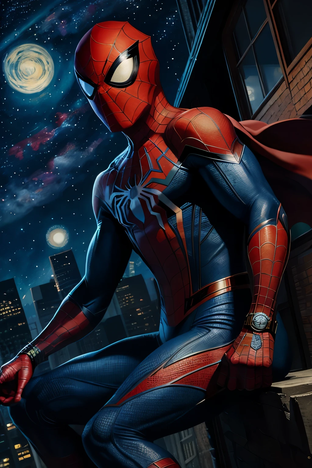 A captivating Van Gogh-inspired drawing of Spider-Man, bathed in bold red hues, expressing deep thoughts against a serene, star-speckled night sky. Spider-Man's web-slinging arms pose thoughtfully, while his eyes shine brightly with determination, showcasing exquisite attention to detail and dynamic brushstrokes. The perfect harmony of red and Van Gogh's distinctive style brings the superhero to life in stunning 4K ultra-high definition clarity.