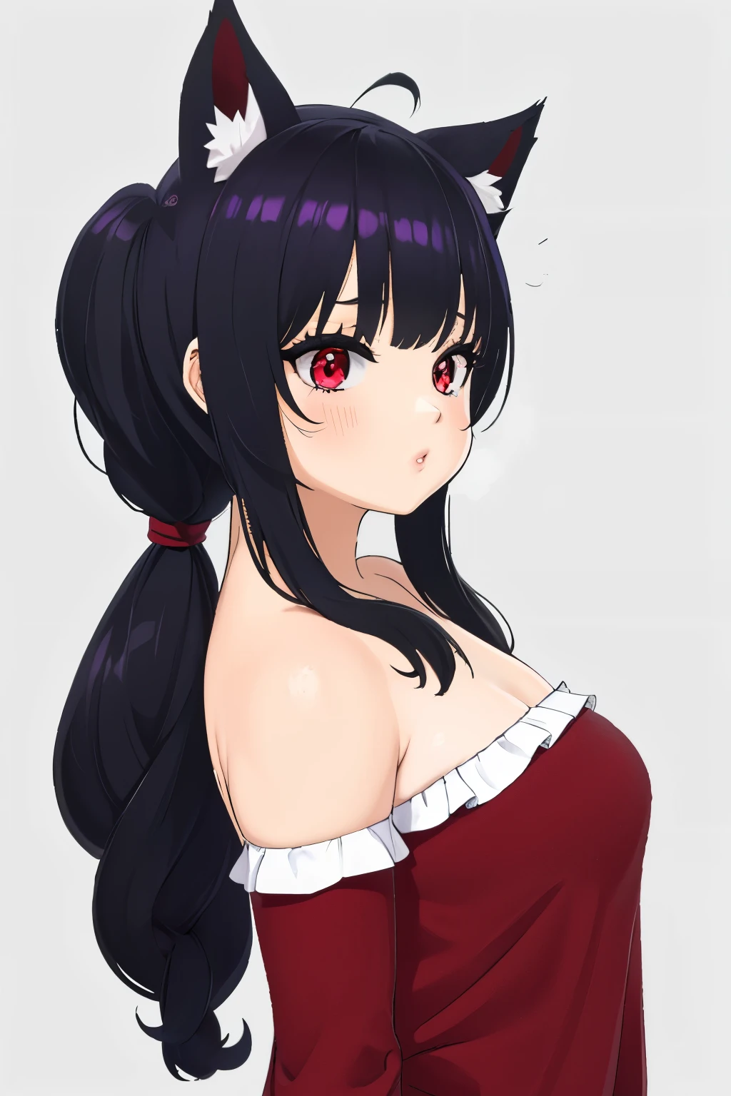 ,((long hair slightly wavy slightly past the shoulders, black bangs, small black pigtails on the sides, cute cat ears, beautiful thin red eyes,)),obra maestra, Mejor calidad, ultra detallado, illustration, vistoso, color caido, profundidad de campo, destello de lente, 1 chica, ahi \(liga de leyendapelo sin pelo, ojos amarillos, adorno para el pelo, orejas de zorro, colas de zorro, animado, (small pile), (small pileBT), (de cerca), (parte superior del cuerpo), (nude nightgown, colmillos, kitsune), tiro de vaquero, mirando al espectador, en el bosque, textura de piel detallada, hermoso rostro detallado, boca abierta, colmillos, entusiasmado, seductor, vestimenta seductora, clavicle, (pechos enormes, con curvas, Voluptuoso, curvilinear)