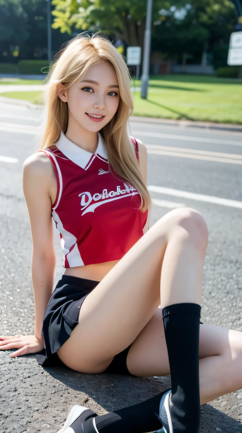 best quality, full body portrait, delicate face,very cute and pretty face, 22 years old woman, slim body, , cheerleader uniform, office uniform, black stockings, outdoor scene, Sitting position, spread legs, blonde hair, happy smile, sexy posture