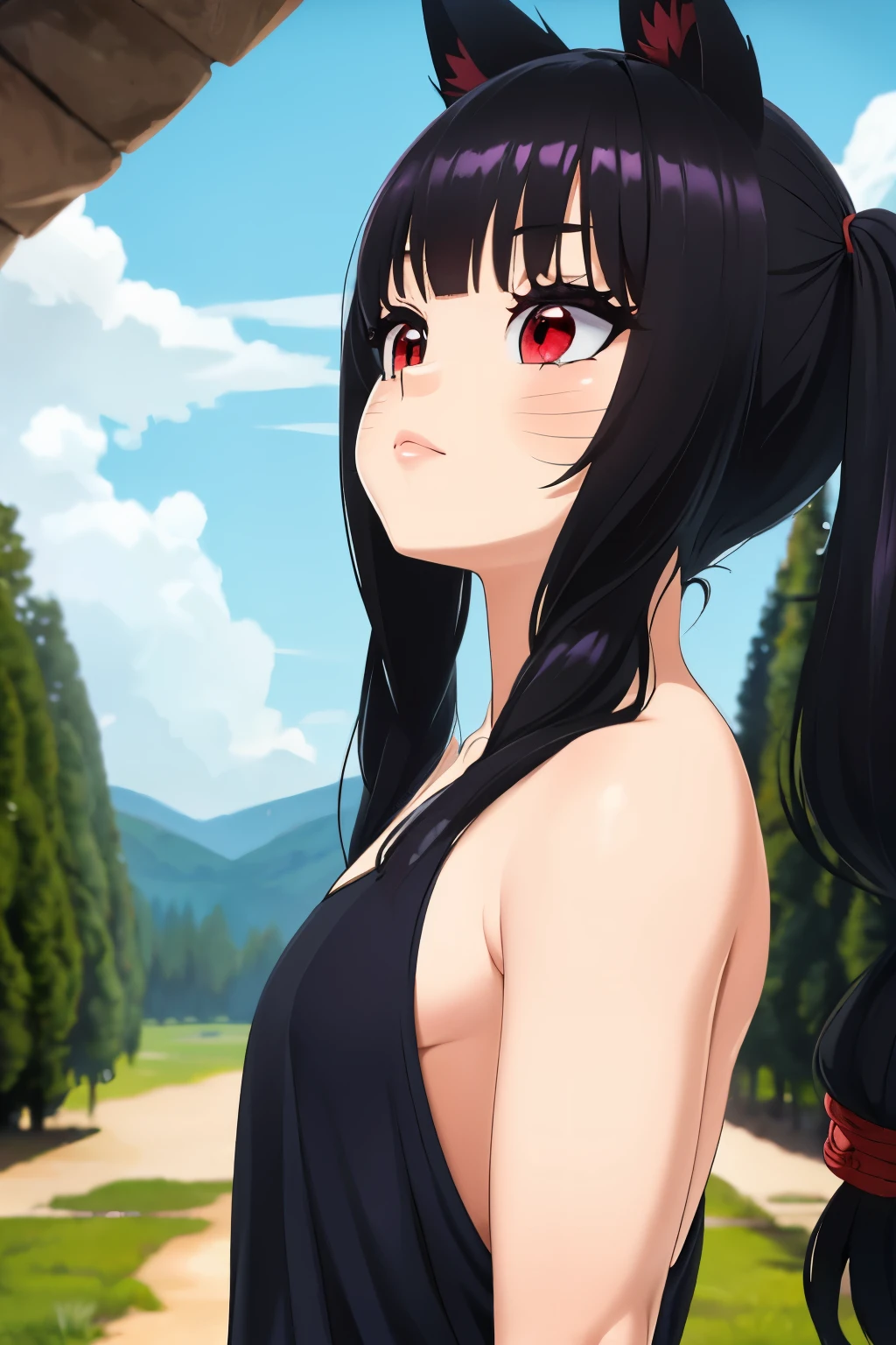 ,((long hair slightly wavy slightly past the shoulders, black bangs, small black pigtails on the sides, cute cat ears, beautiful thin red eyes,)),obra maestra, Mejor calidad, ultra detallado, illustration, vistoso, color caido, profundidad de campo, destello de lente, 1 chica, ahi \(liga de leyendapelo sin pelo, ojos amarillos, adorno para el pelo, orejas de zorro, colas de zorro, animado, (small pile), (small pileBT), (de cerca), (parte superior del cuerpo), (nude nightgown, colmillos, kitsune), tiro de vaquero, mirando al espectador, en el bosque, textura de piel detallada, hermoso rostro detallado, boca abierta, colmillos, entusiasmado, seductor, vestimenta seductora, clavicle, (pechos enormes, con curvas, Voluptuoso, curvilinear)